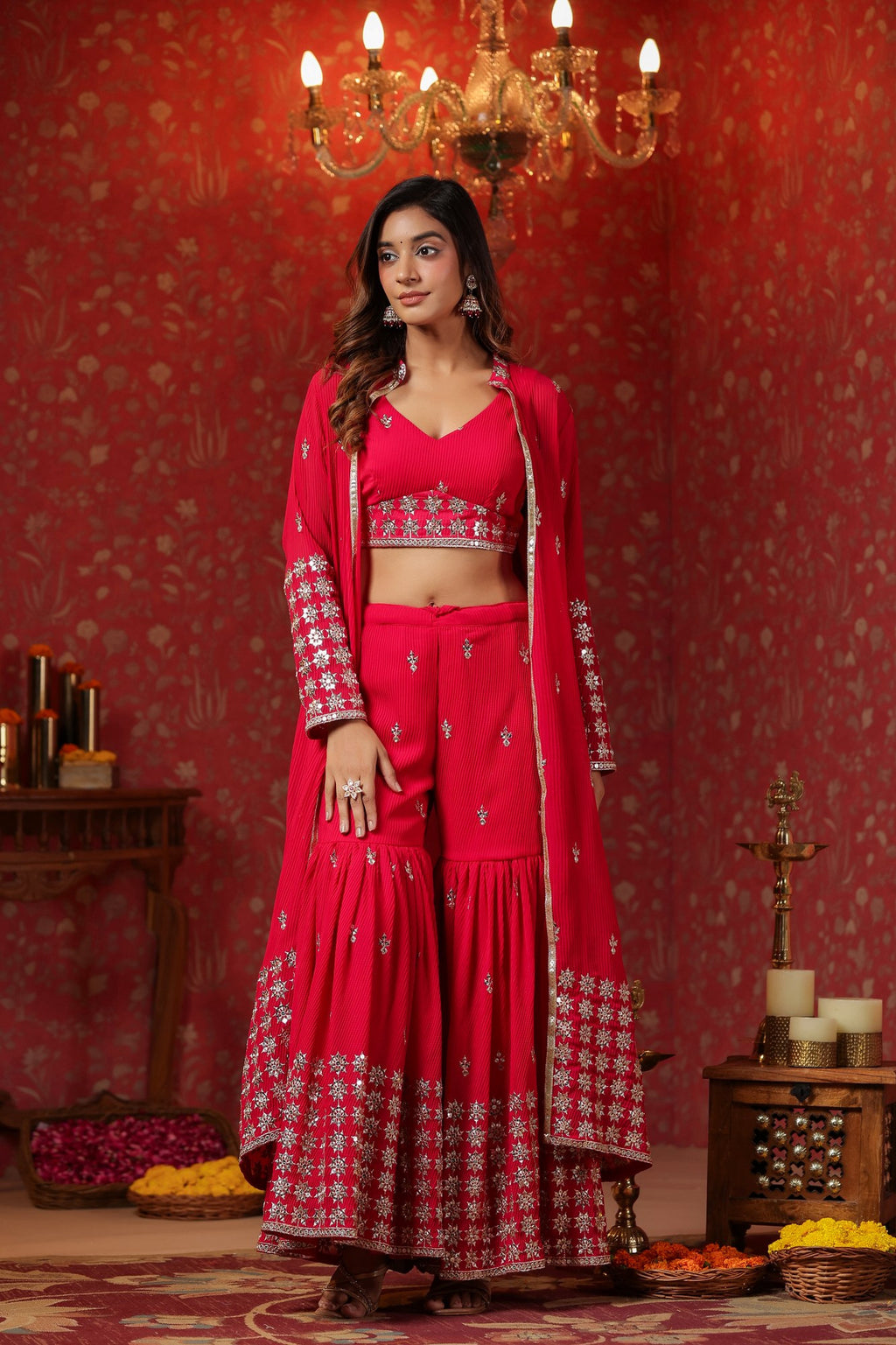 Red Georgette Embroidery Sequnce Work Anarkali Suit Set  Of 3