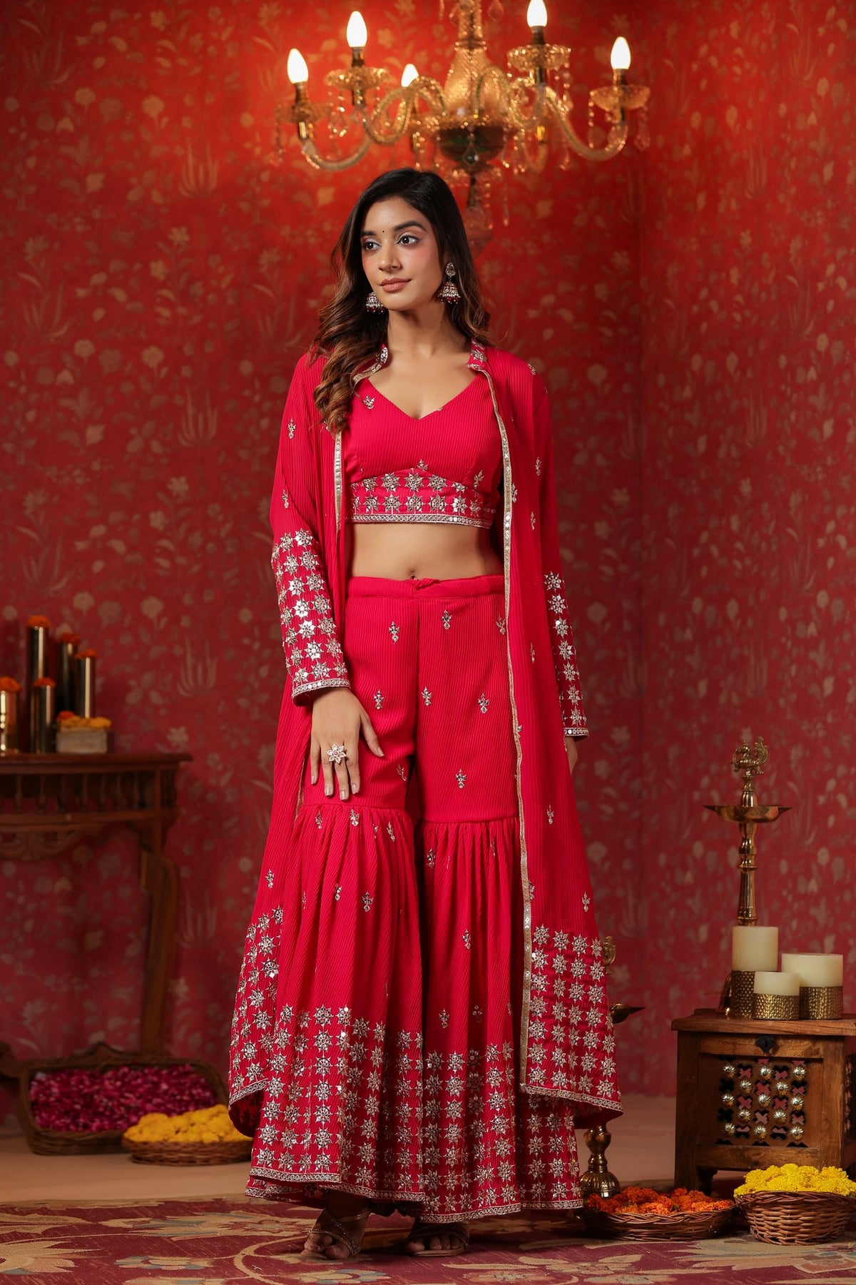 Red Georgette Embroidery Sequnce Work Anarkali Suit Set  Of 3
