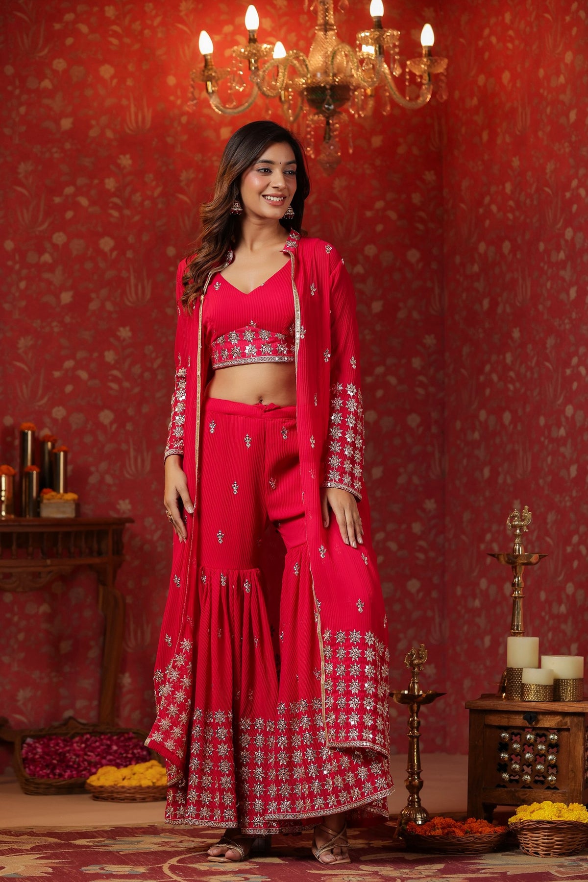 Red Georgette Embroidery Sequnce Work Anarkali Suit Set  Of 3