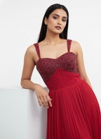 Red Embellished Pleated Gown