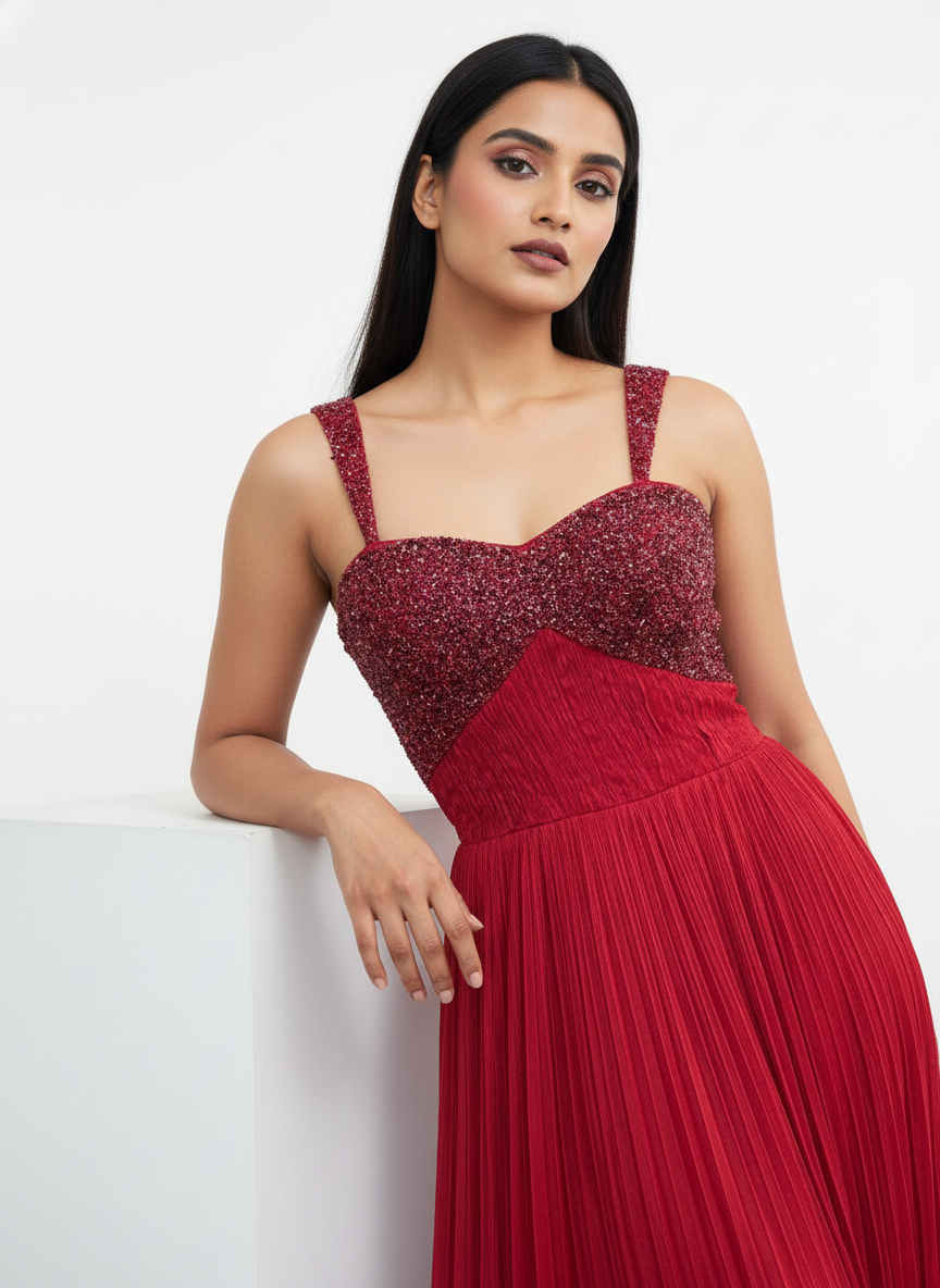 Red Embellished Pleated Gown