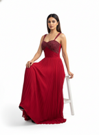 Red Embellished Pleated Gown