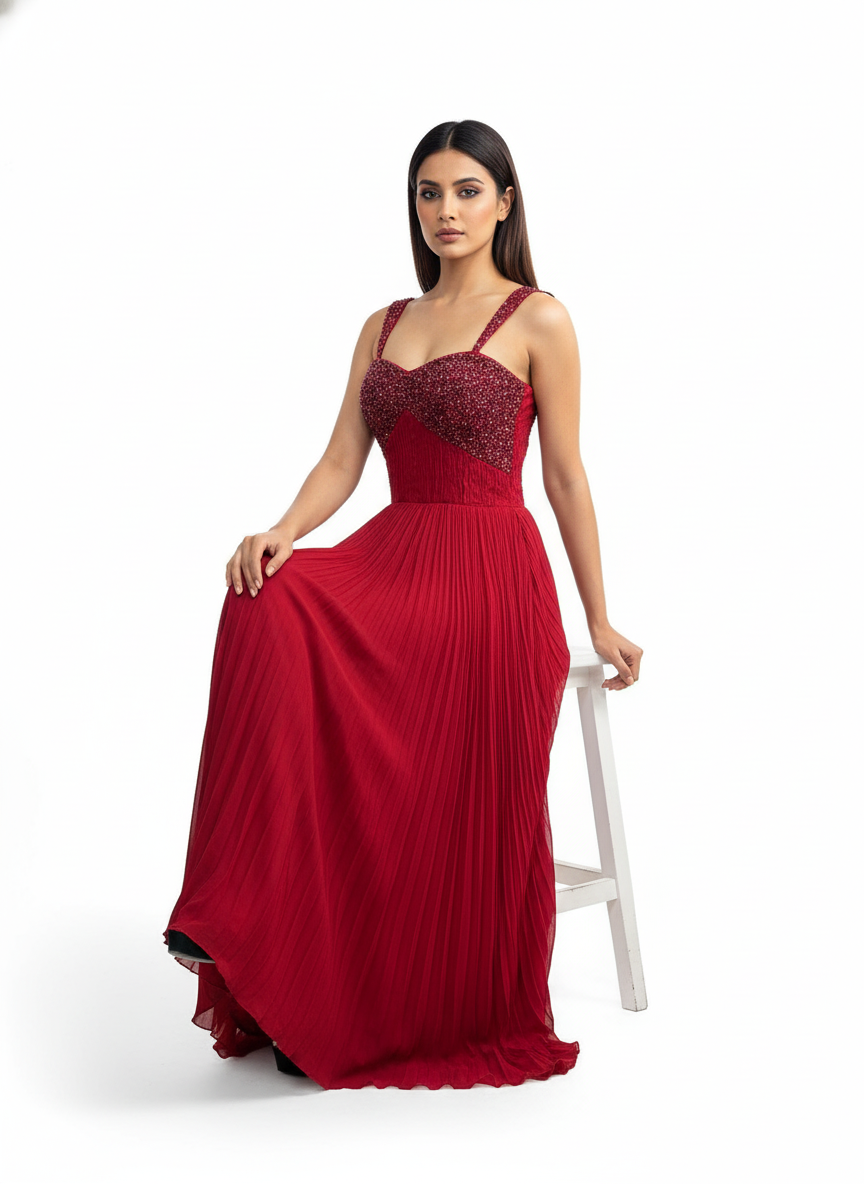 Red Embellished Pleated Gown