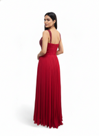 Red Embellished Pleated Gown