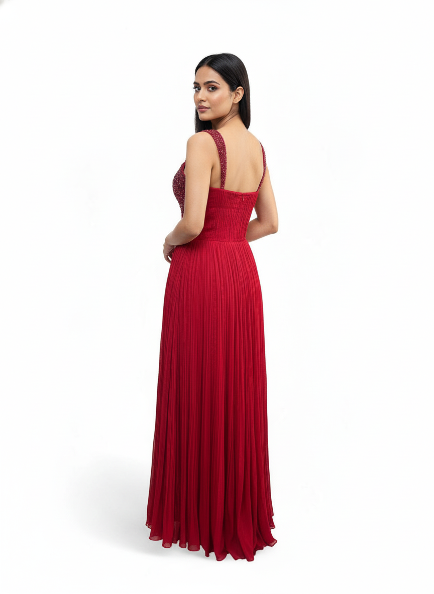 Red Embellished Pleated Gown