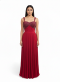 Red Embellished Pleated Gown
