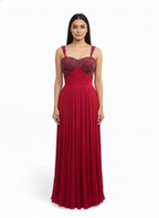 Red Embellished Pleated Gown