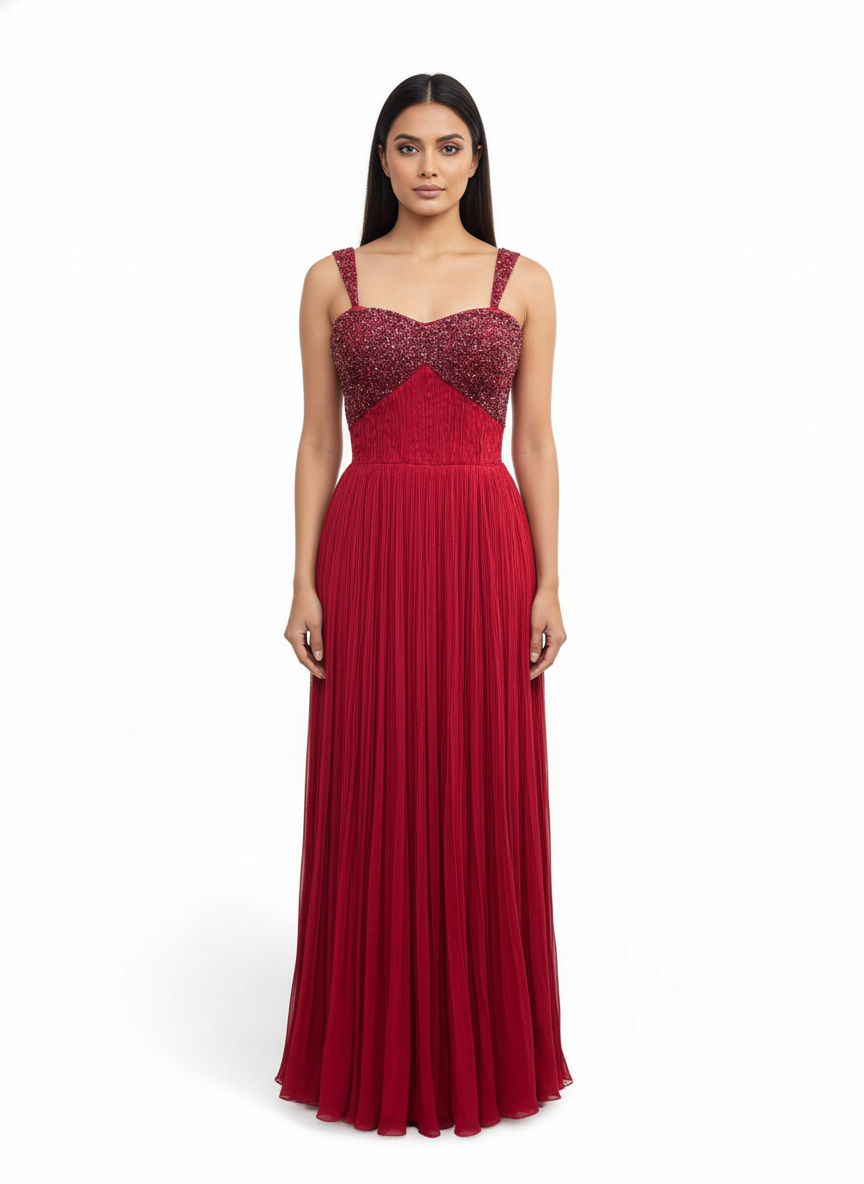 Red Embellished Pleated Gown