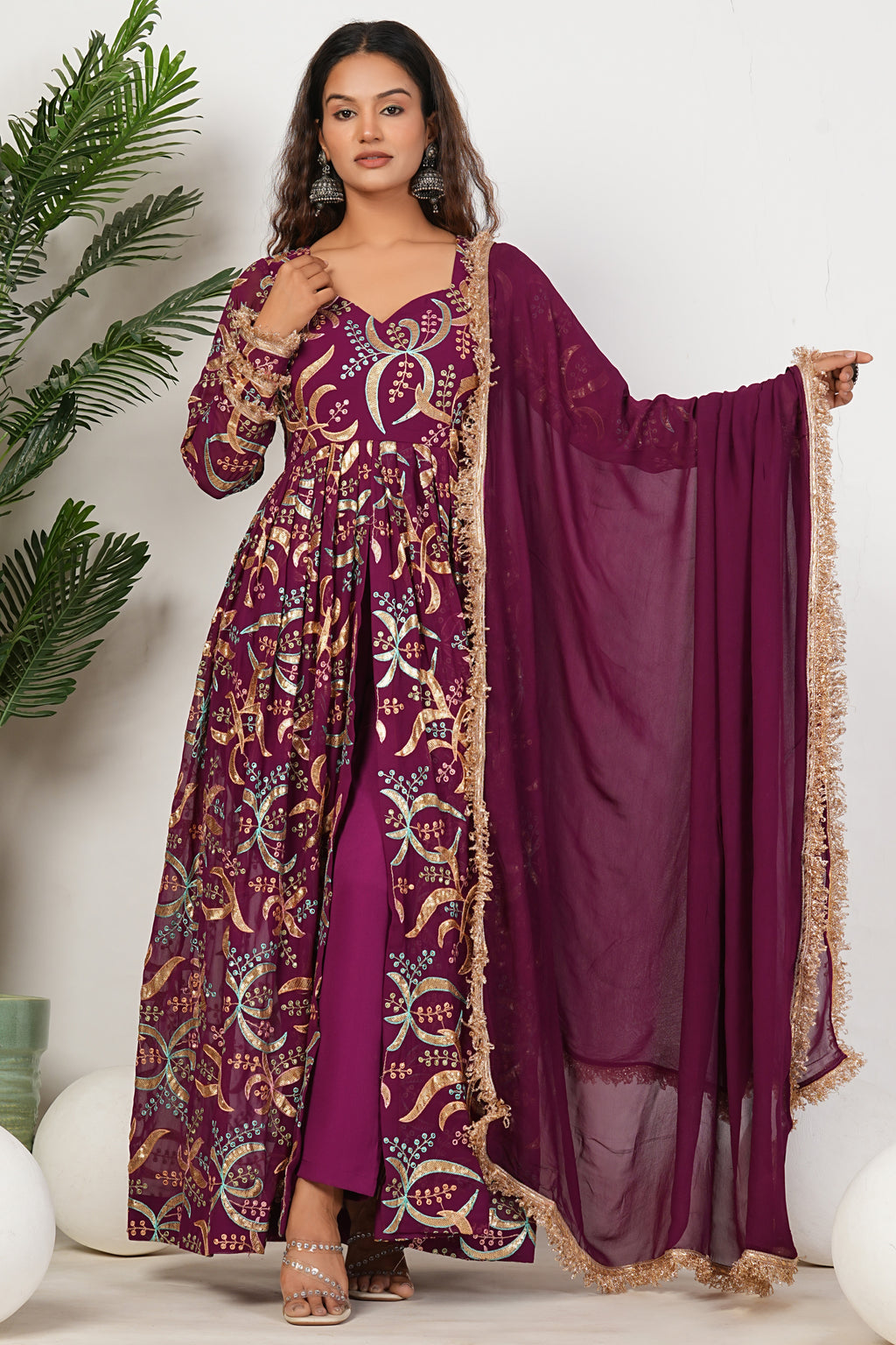 Purple Heavy Hand Embroidered Work Georgette Anarkali Sets