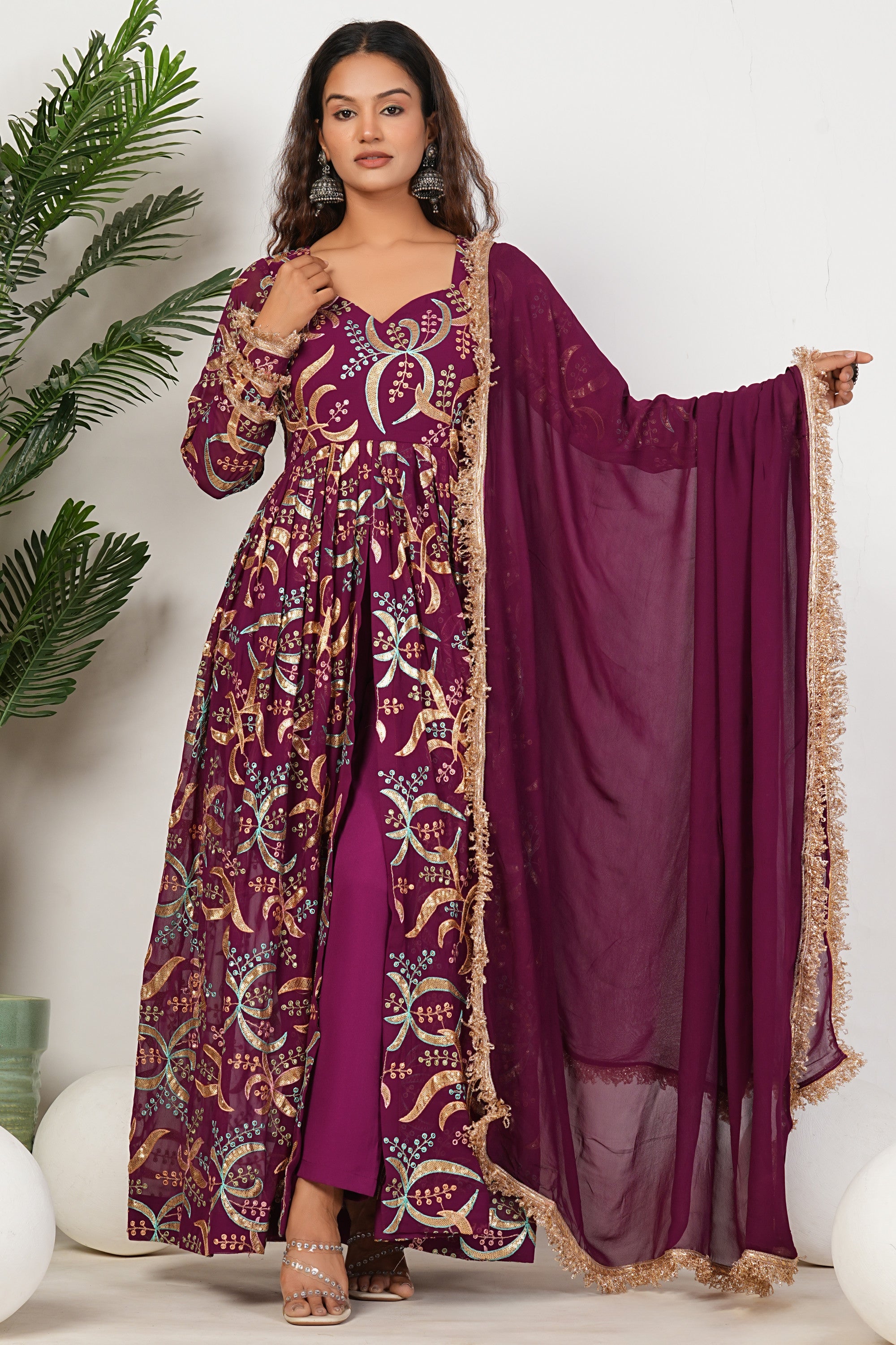 Purple Heavy Hand Embroidered Work Georgette Anarkali Sets