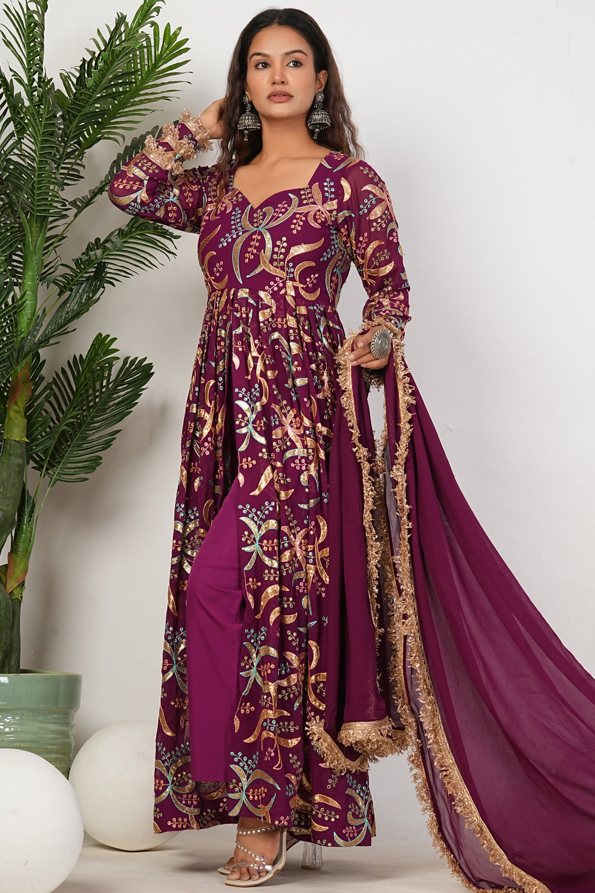 Purple Heavy Hand Embroidered Work Georgette Anarkali Sets