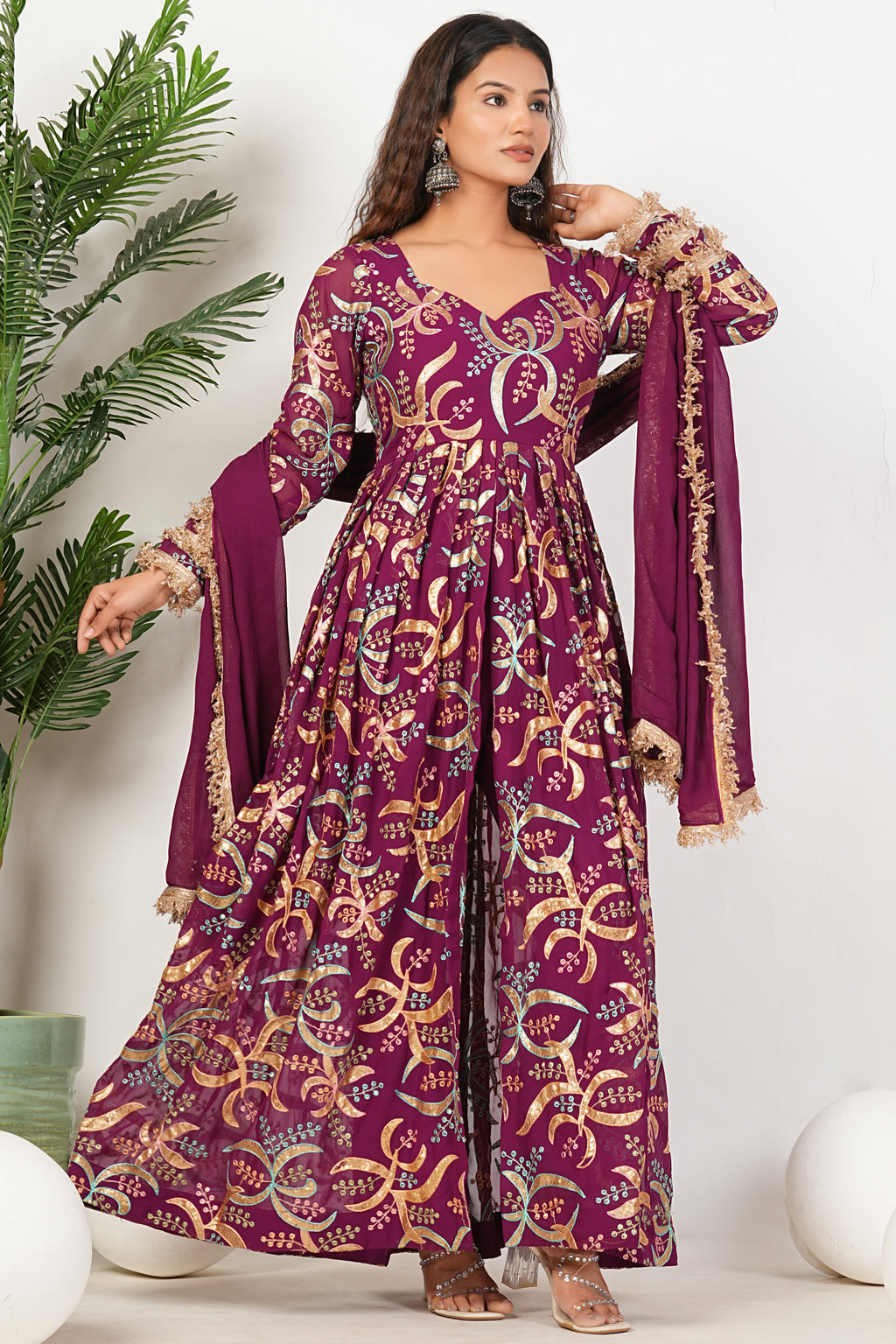 Purple Heavy Hand Embroidered Work Georgette Anarkali Sets