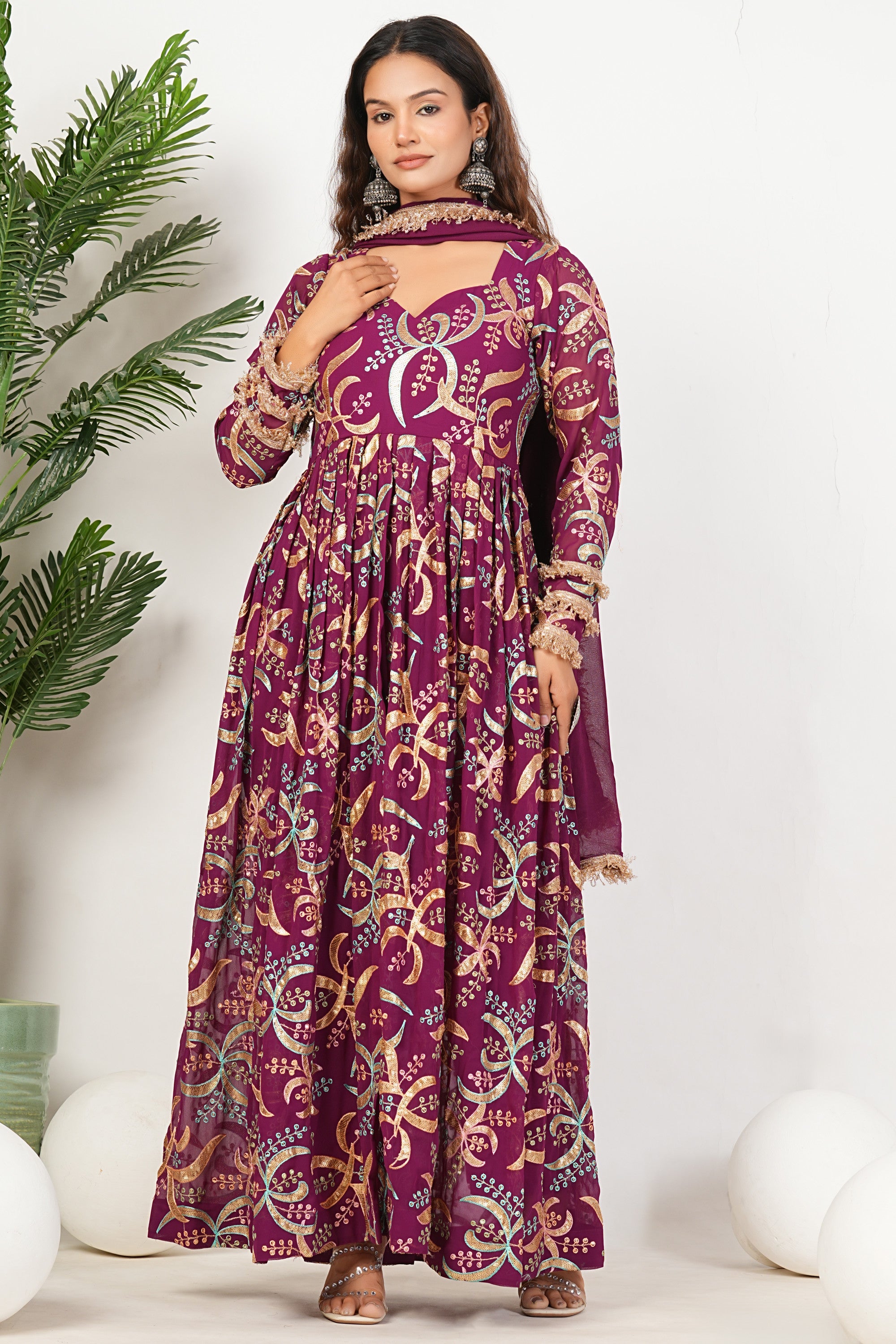 Purple Heavy Hand Embroidered Work Georgette Anarkali Sets