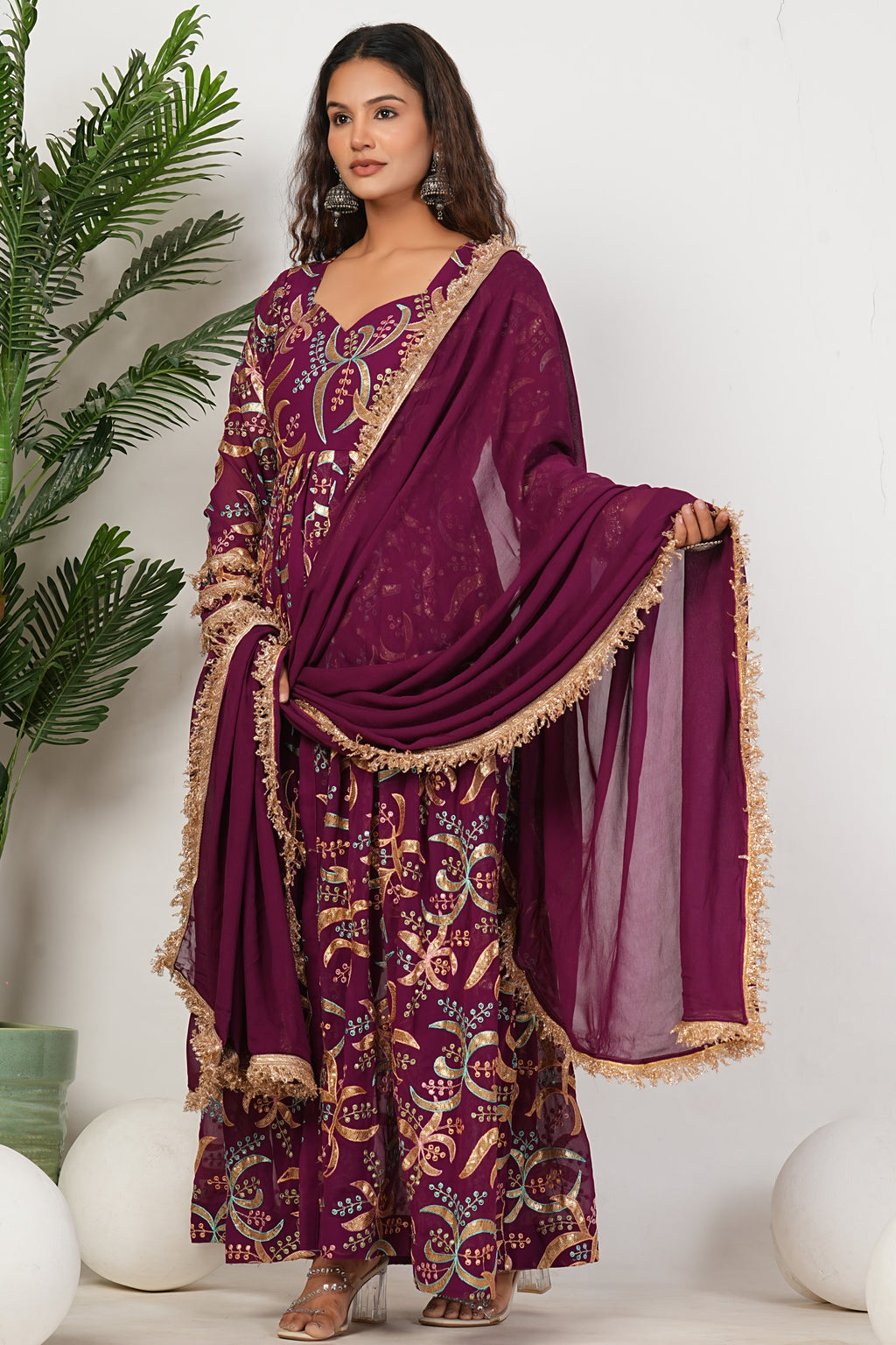 Purple Heavy Hand Embroidered Work Georgette Anarkali Sets