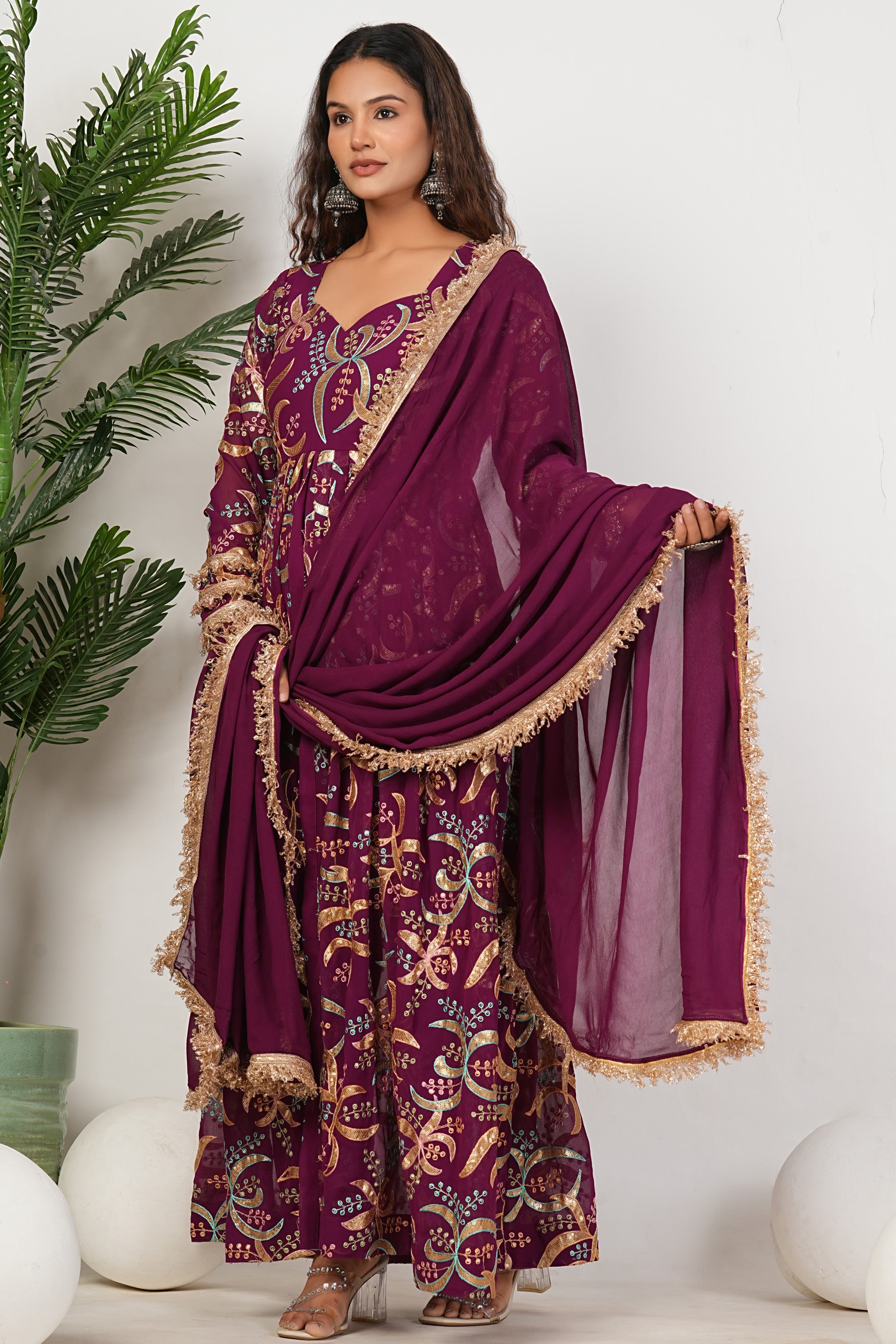 Purple Heavy Hand Embroidered Work Georgette Anarkali Sets