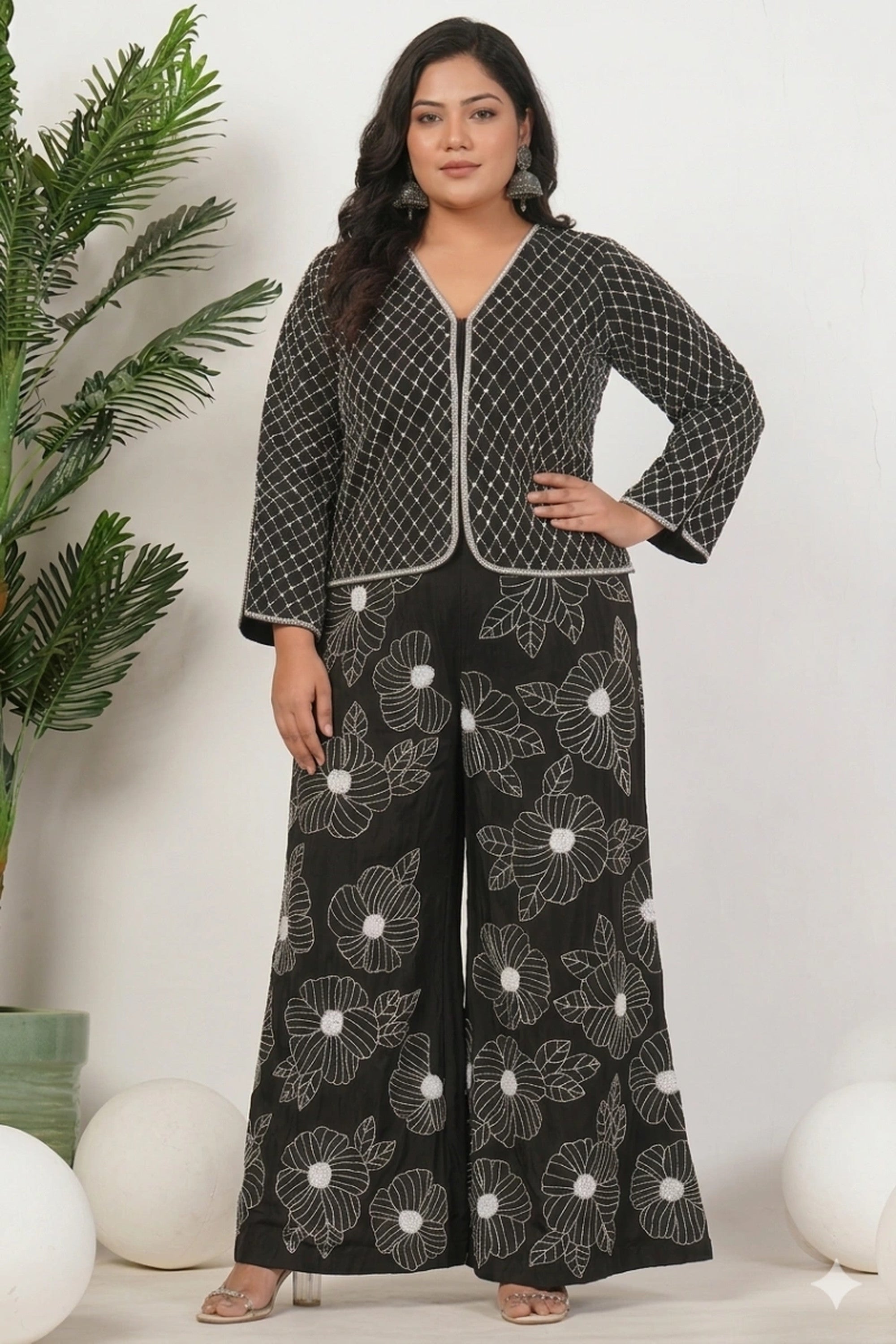 Black Heavy Hand Embroidered Work Natural Crepe Co-Ord Set