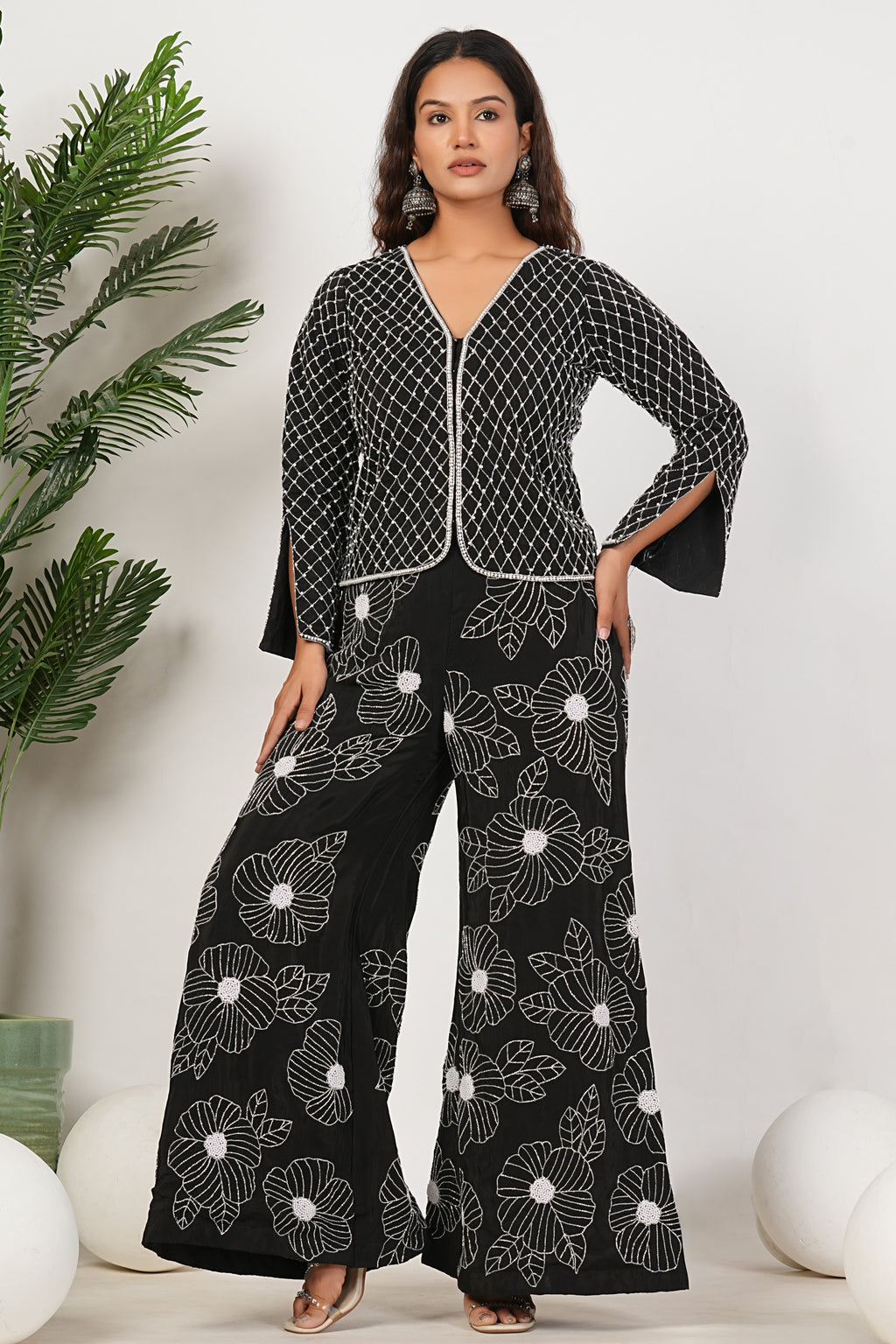 Black Heavy Hand Embroidered Work Natural Crepe Co-Ord Set