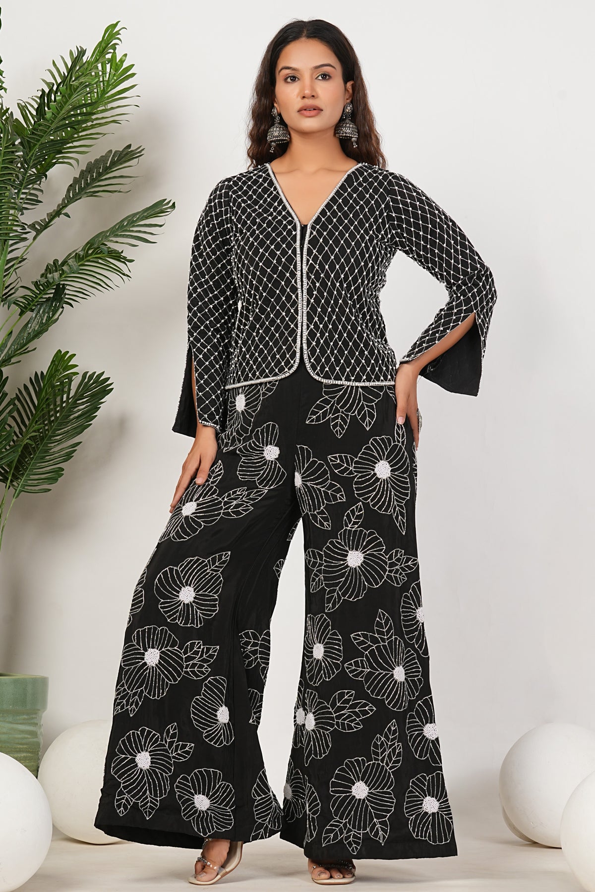 Black Heavy Hand Embroidered Work Natural Crepe Co-Ord Set