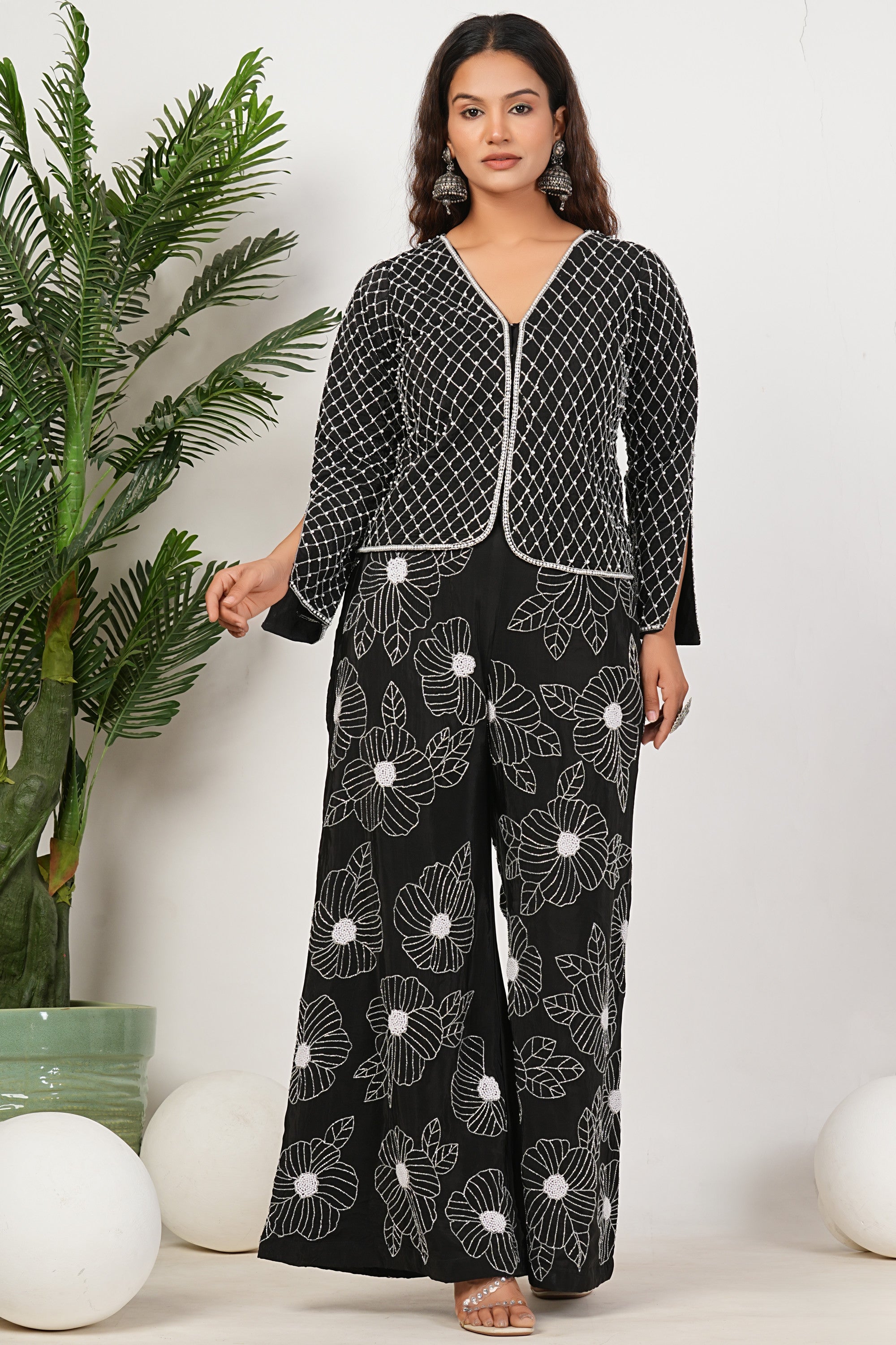 Black Heavy Hand Embroidered Work Natural Crepe Co-Ord Set