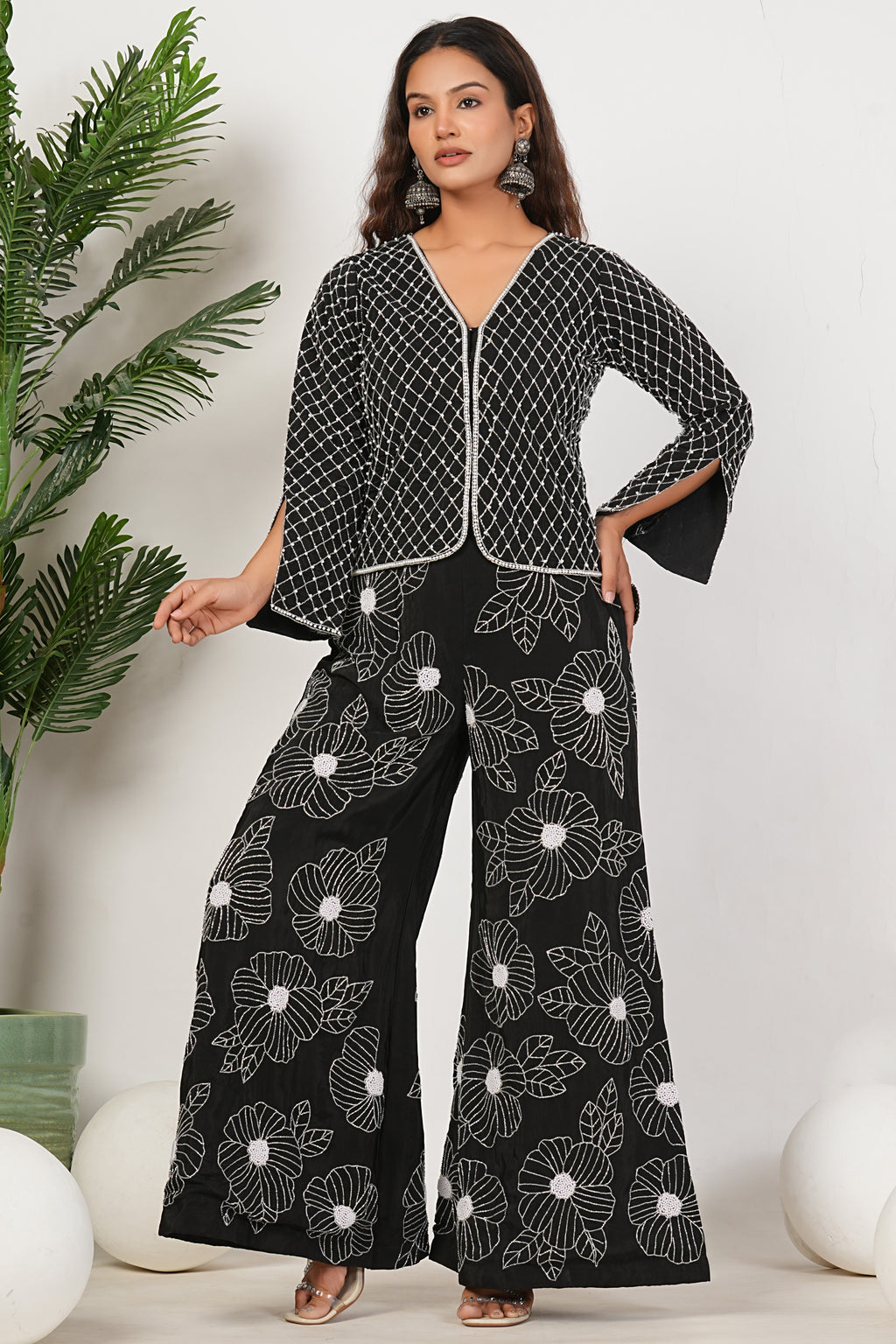 Black Heavy Hand Embroidered Work Natural Crepe Co-Ord Set