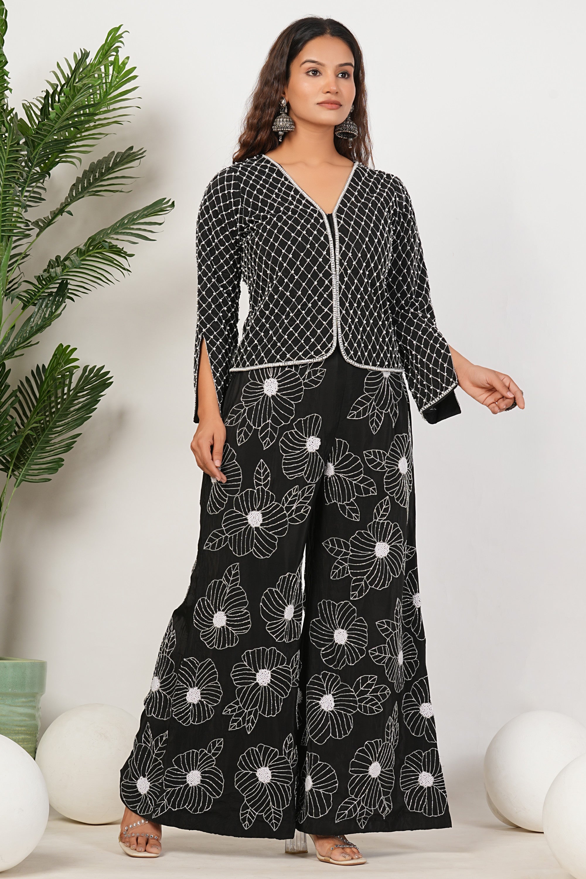 Black Heavy Hand Embroidered Work Natural Crepe Co-Ord Set