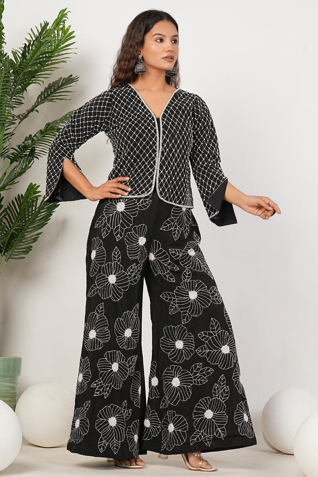 Black Heavy Hand Embroidered Work Natural Crepe Co-Ord Set