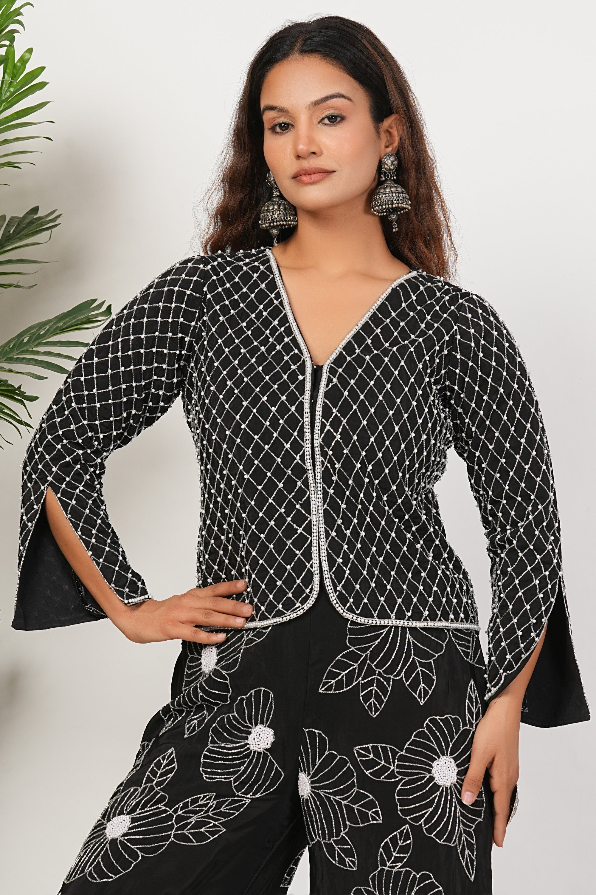 Black Heavy Hand Embroidered Work Natural Crepe Co-Ord Set