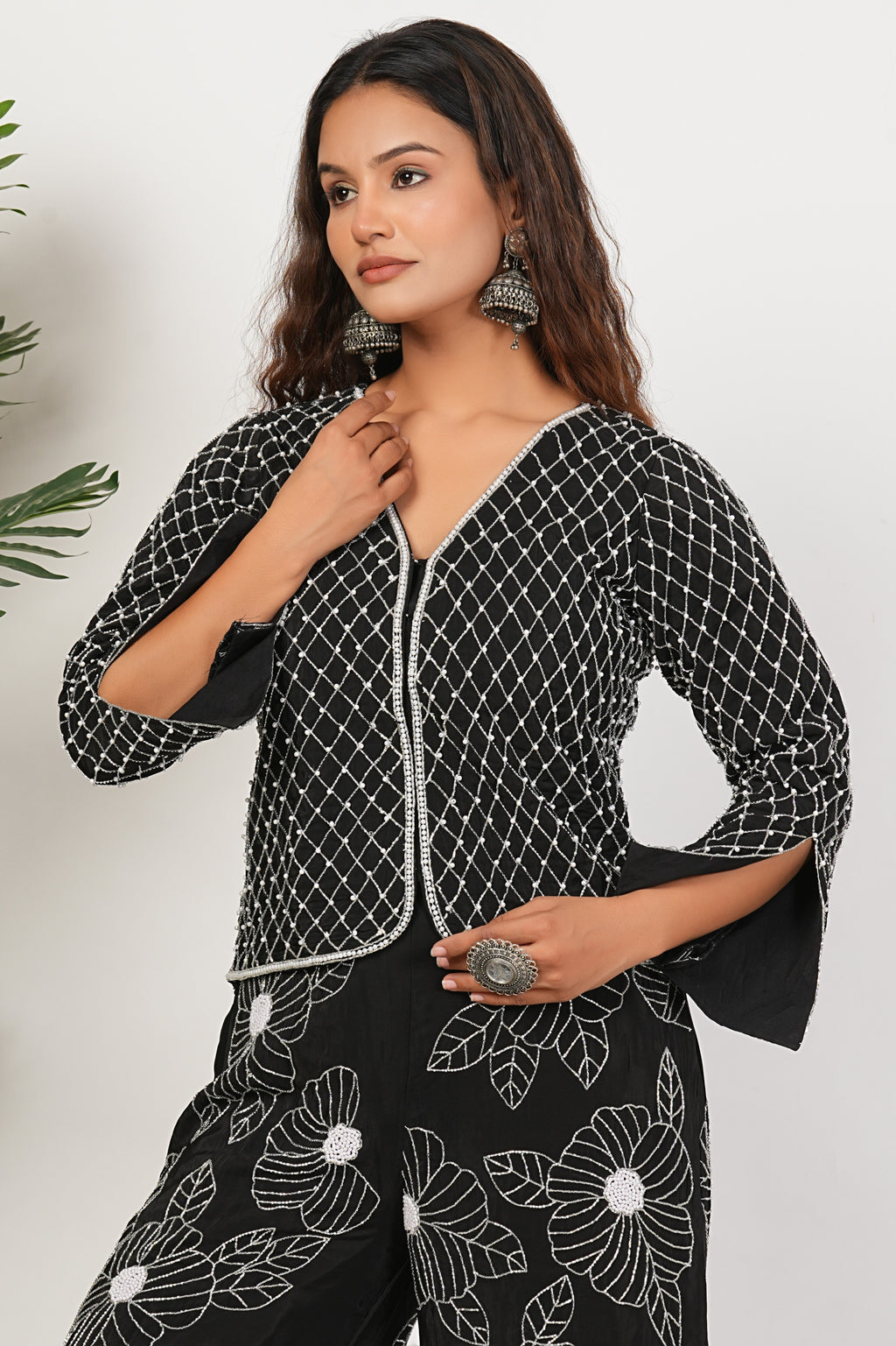 Black Heavy Hand Embroidered Work Natural Crepe Co-Ord Set