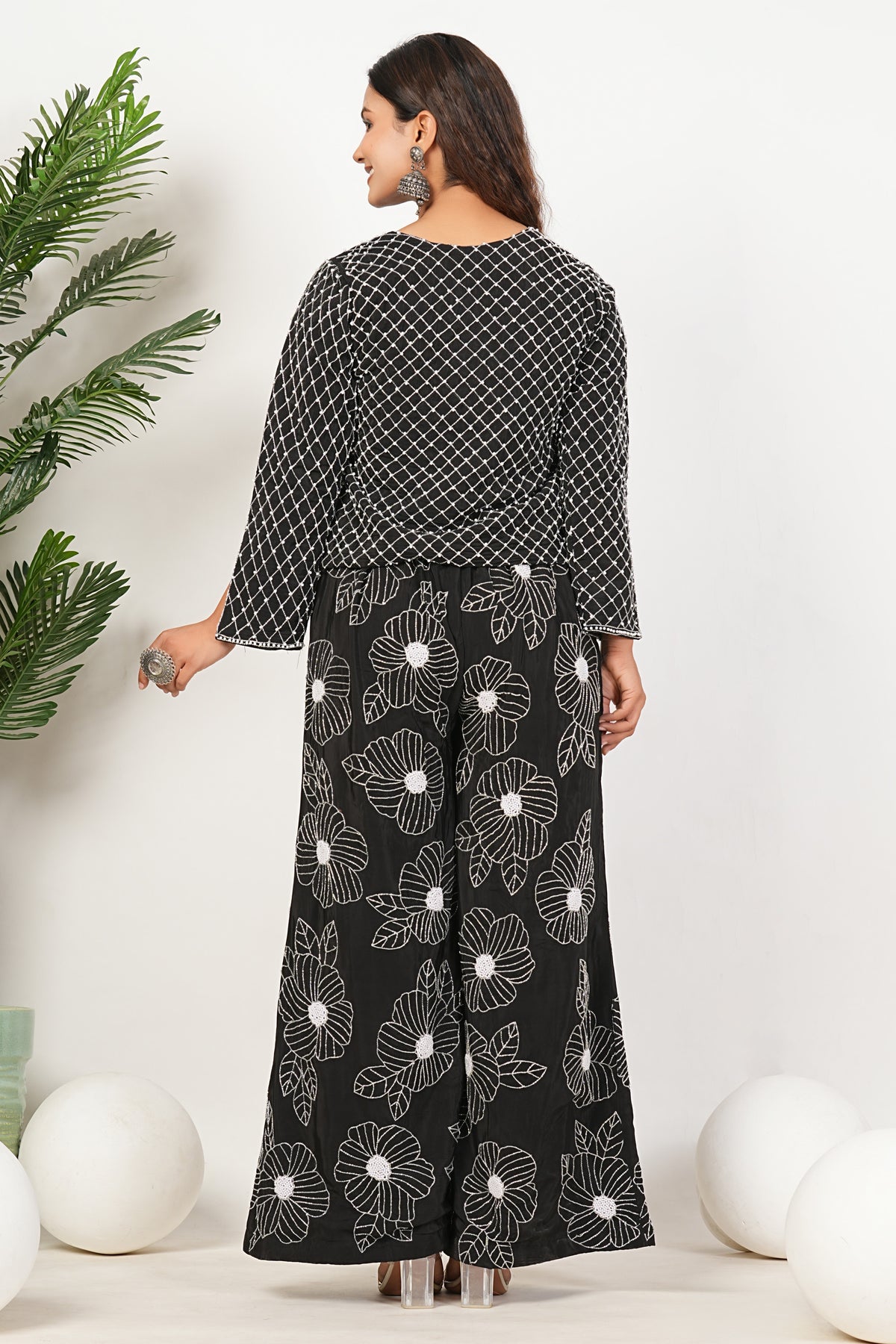 Black Heavy Hand Embroidered Work Natural Crepe Co-Ord Set