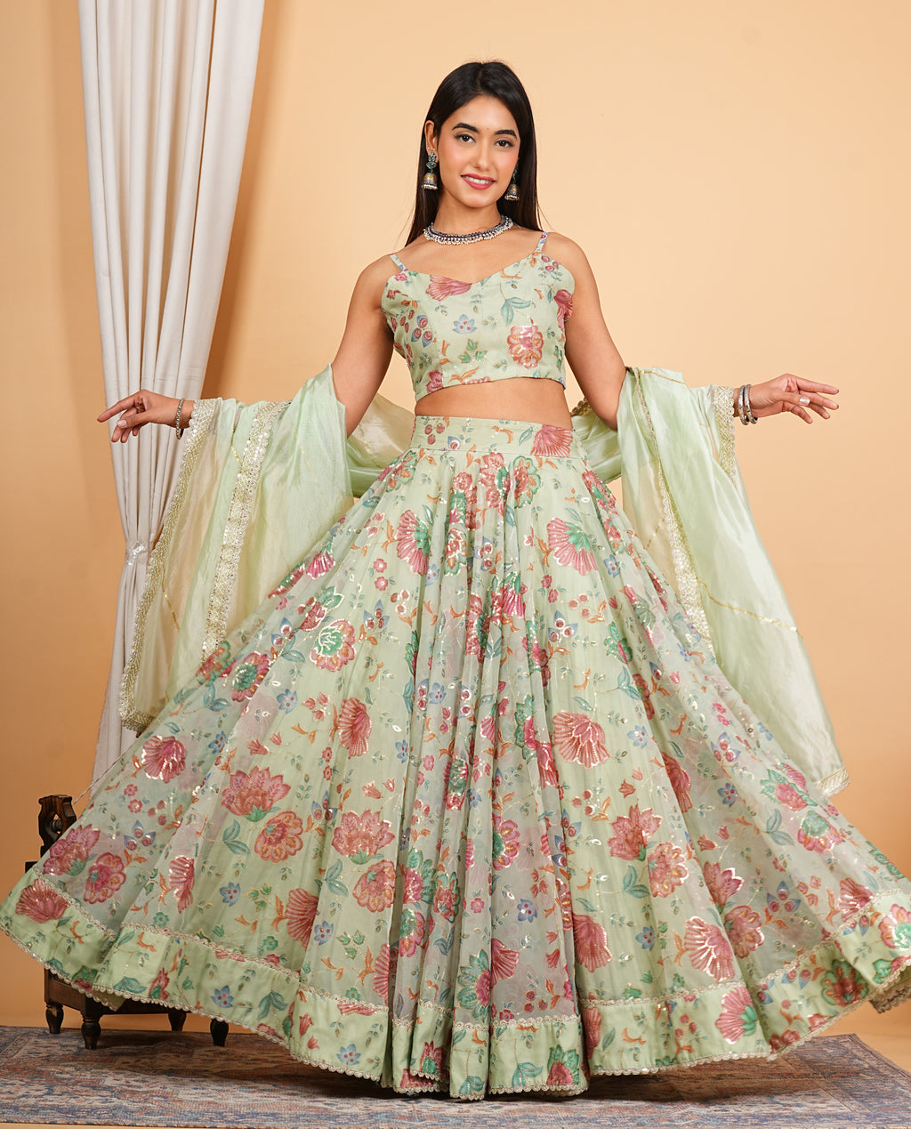 Green Digital Printed, Sequins & Lace Work Organza Lehenga Set