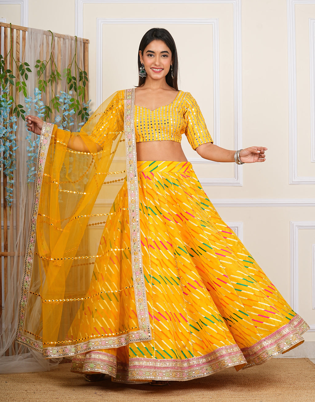Yellow Digital Printed, Embroidered & Lace Work Organza Lehenga Set