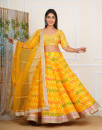 Yellow Digital Printed, Embroidered & Lace Work Organza Lehenga Set