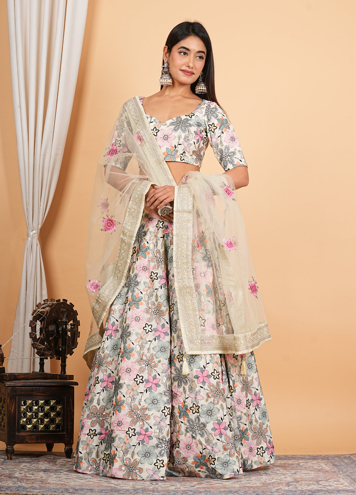 Cream Cotton Embroidered Top With Sharara
