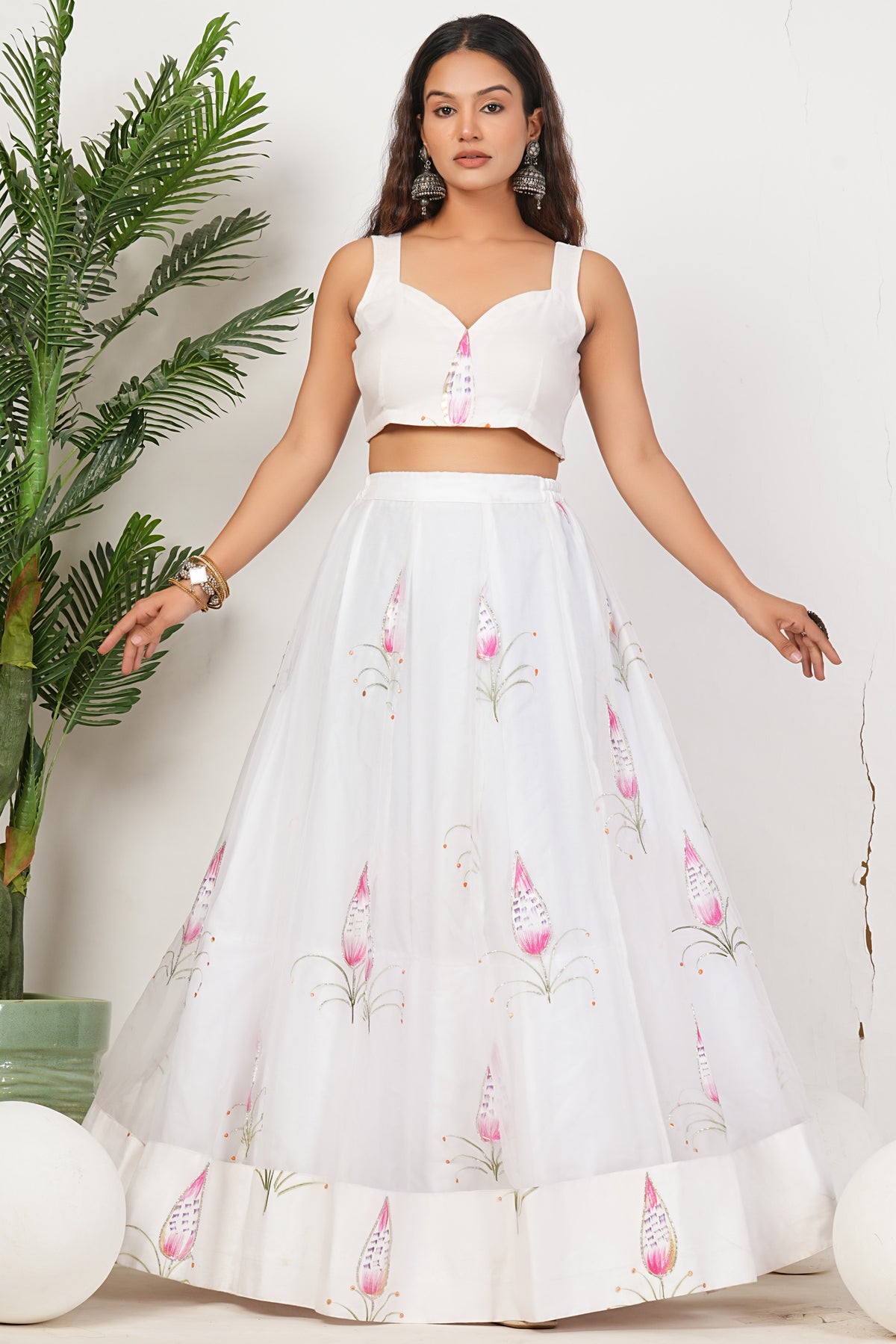 White Heavy Hand Embroidered Work Organza Lehenga