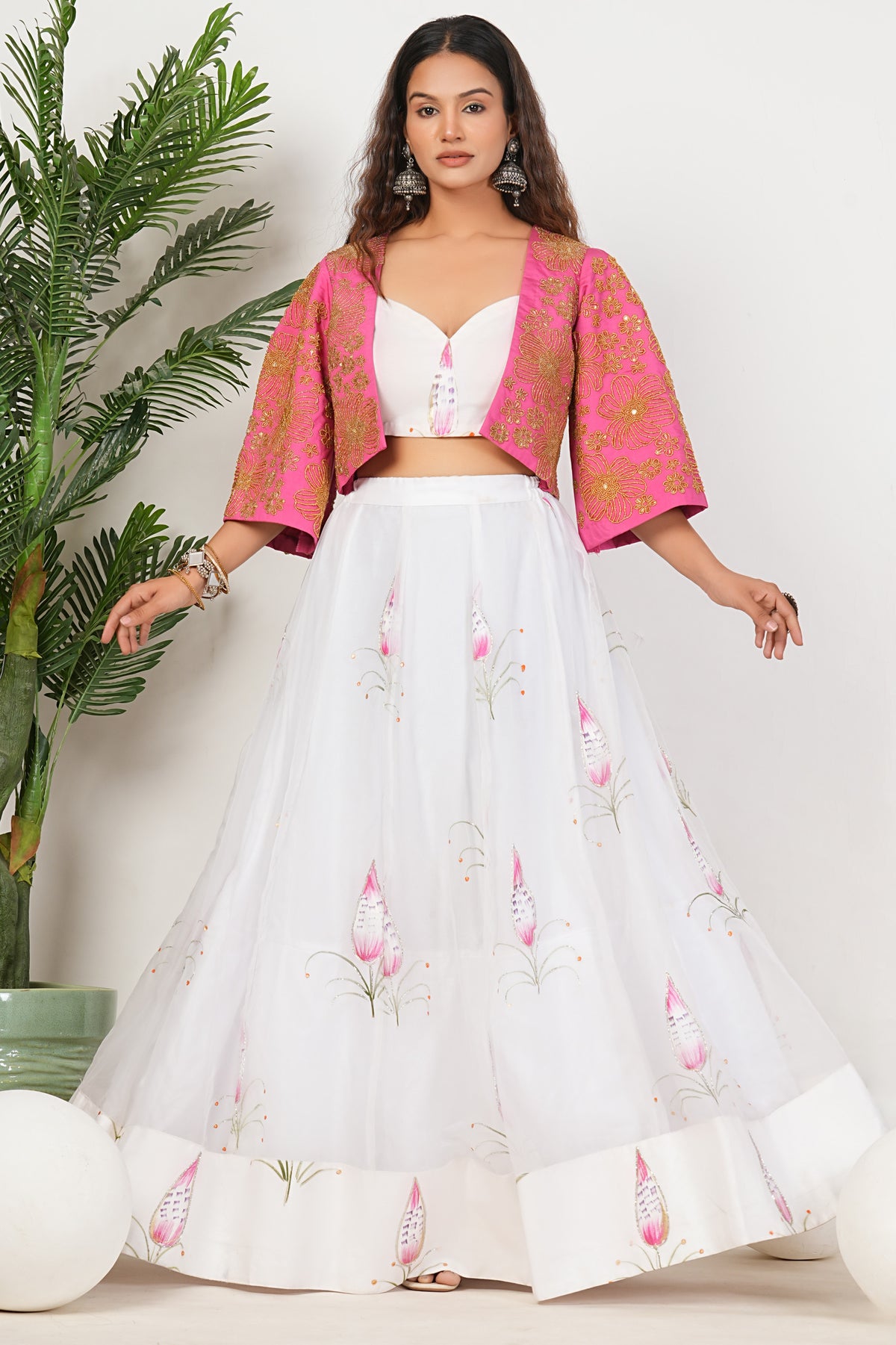 White Heavy Hand Embroidered Work Organza Lehenga
