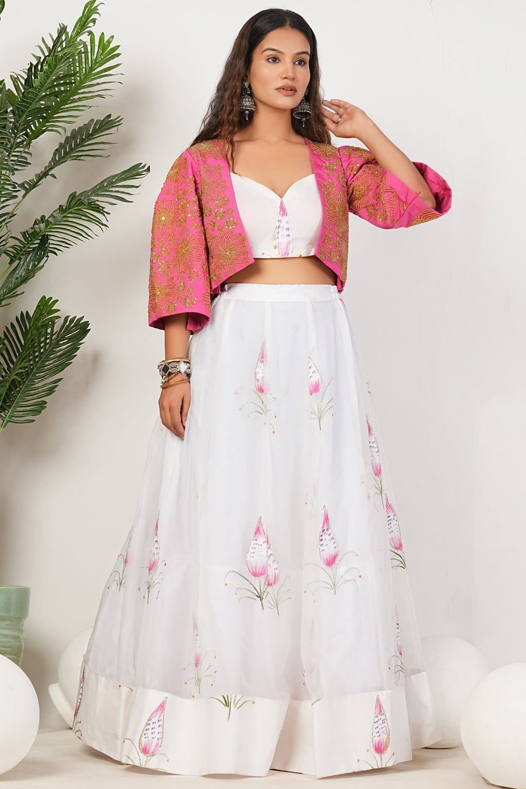 White Heavy Hand Embroidered Work Organza Lehenga
