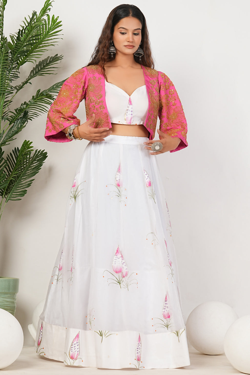 White Heavy Hand Embroidered Work Organza Lehenga
