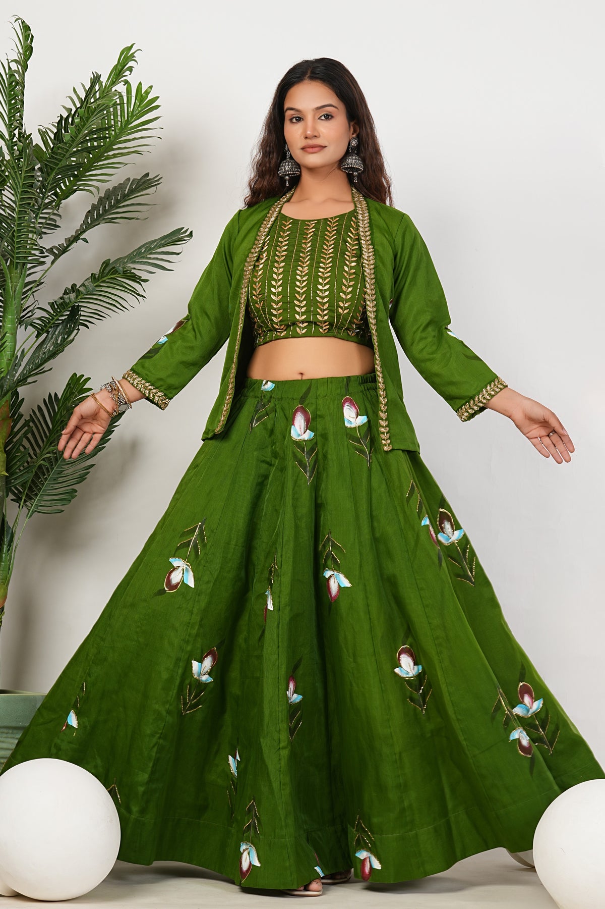 Green Heavy Hand Embroidered Work Organza Lehenga