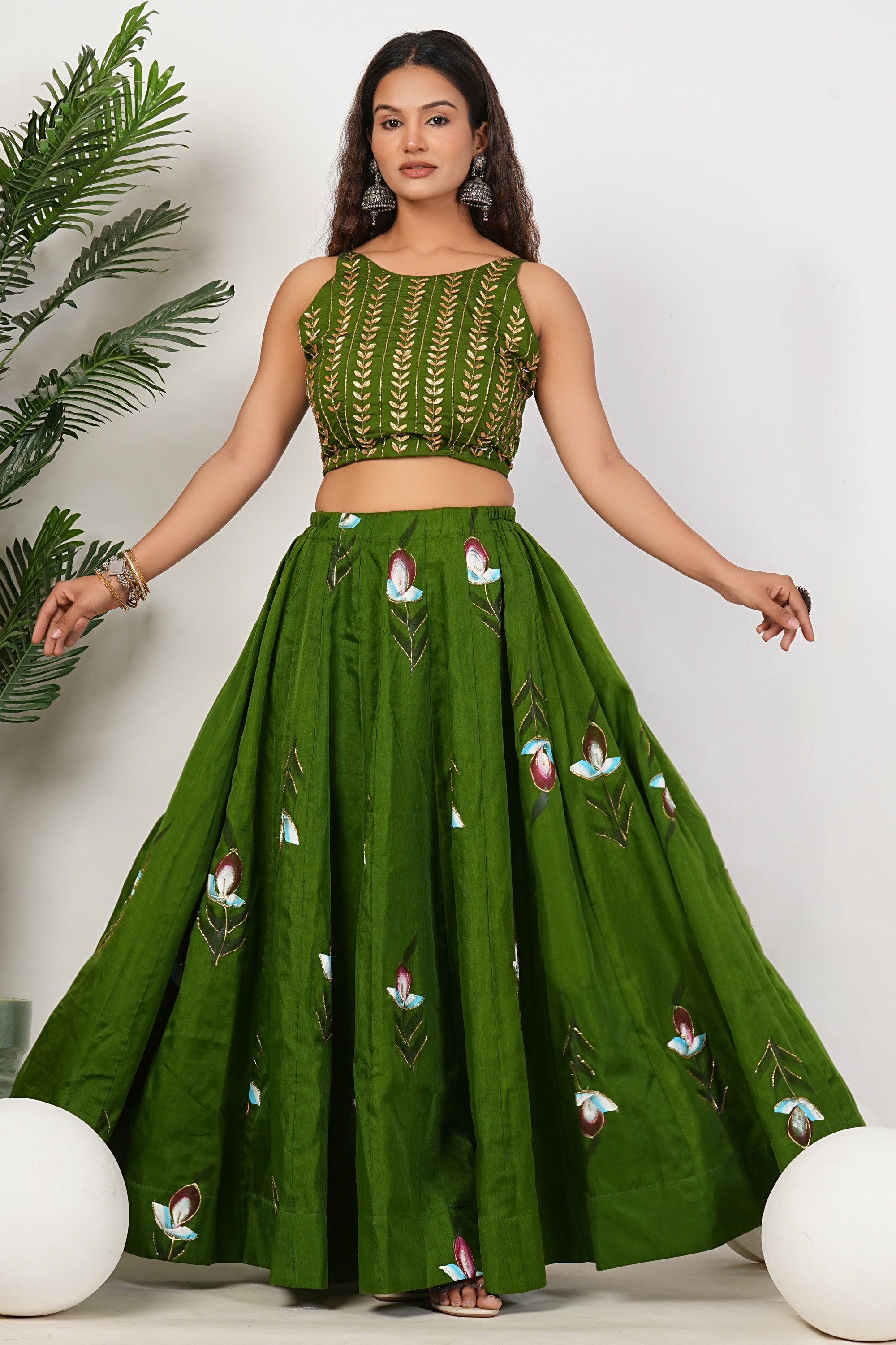 Green Heavy Hand Embroidered Work Organza Lehenga