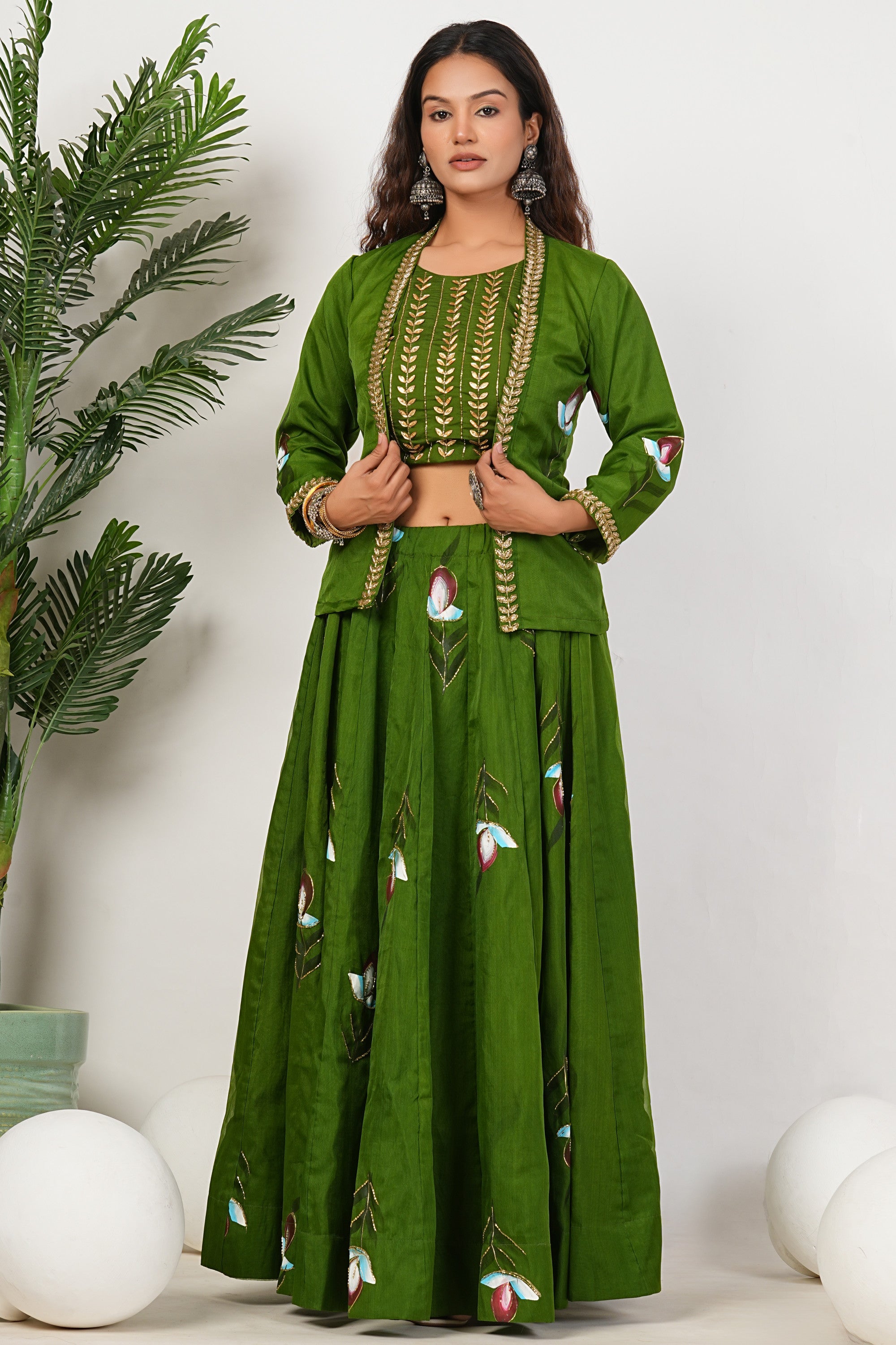Green Heavy Hand Embroidered Work Organza Lehenga