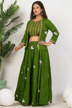Green Heavy Hand Embroidered Work Organza Lehenga