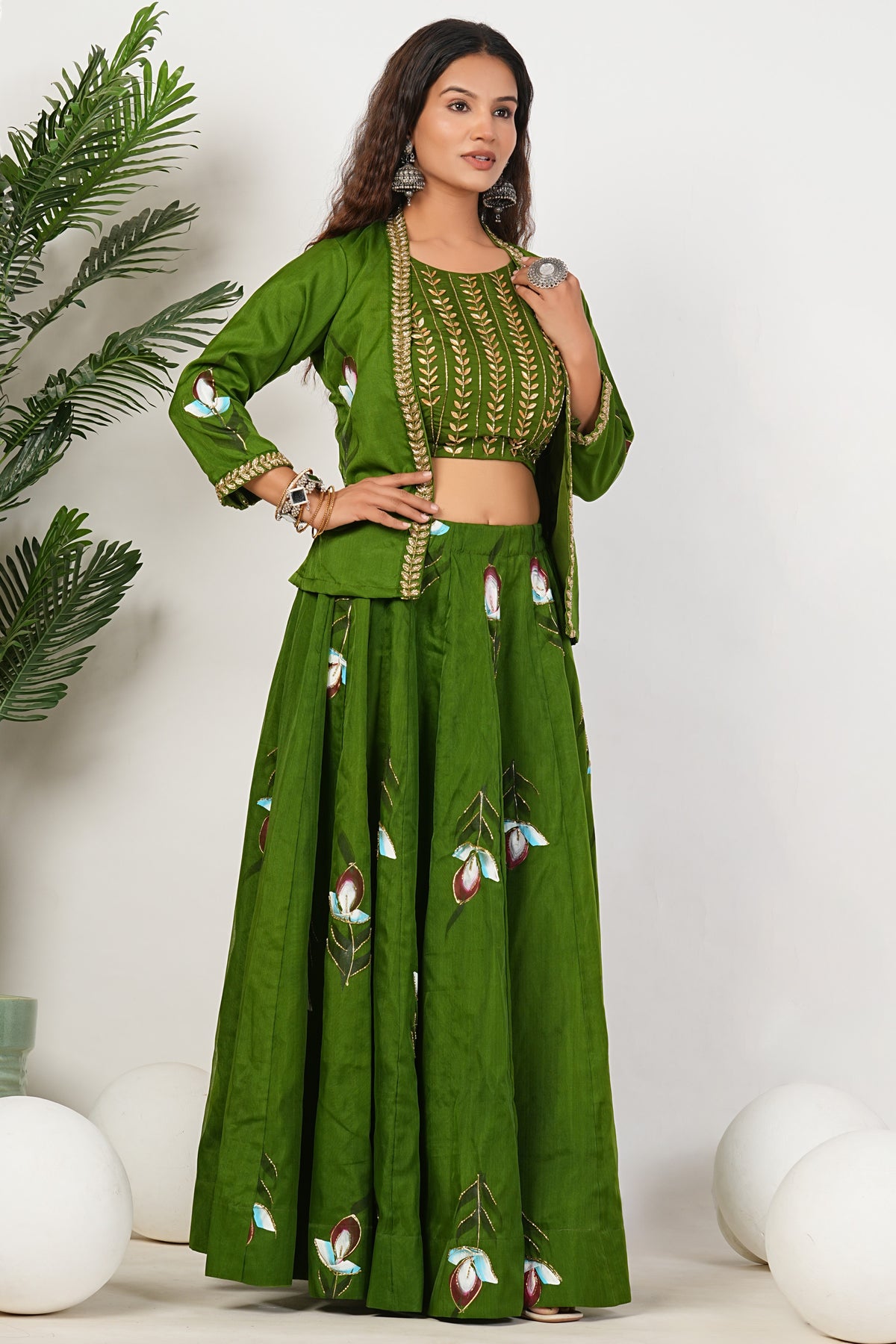 Green Heavy Hand Embroidered Work Organza Lehenga
