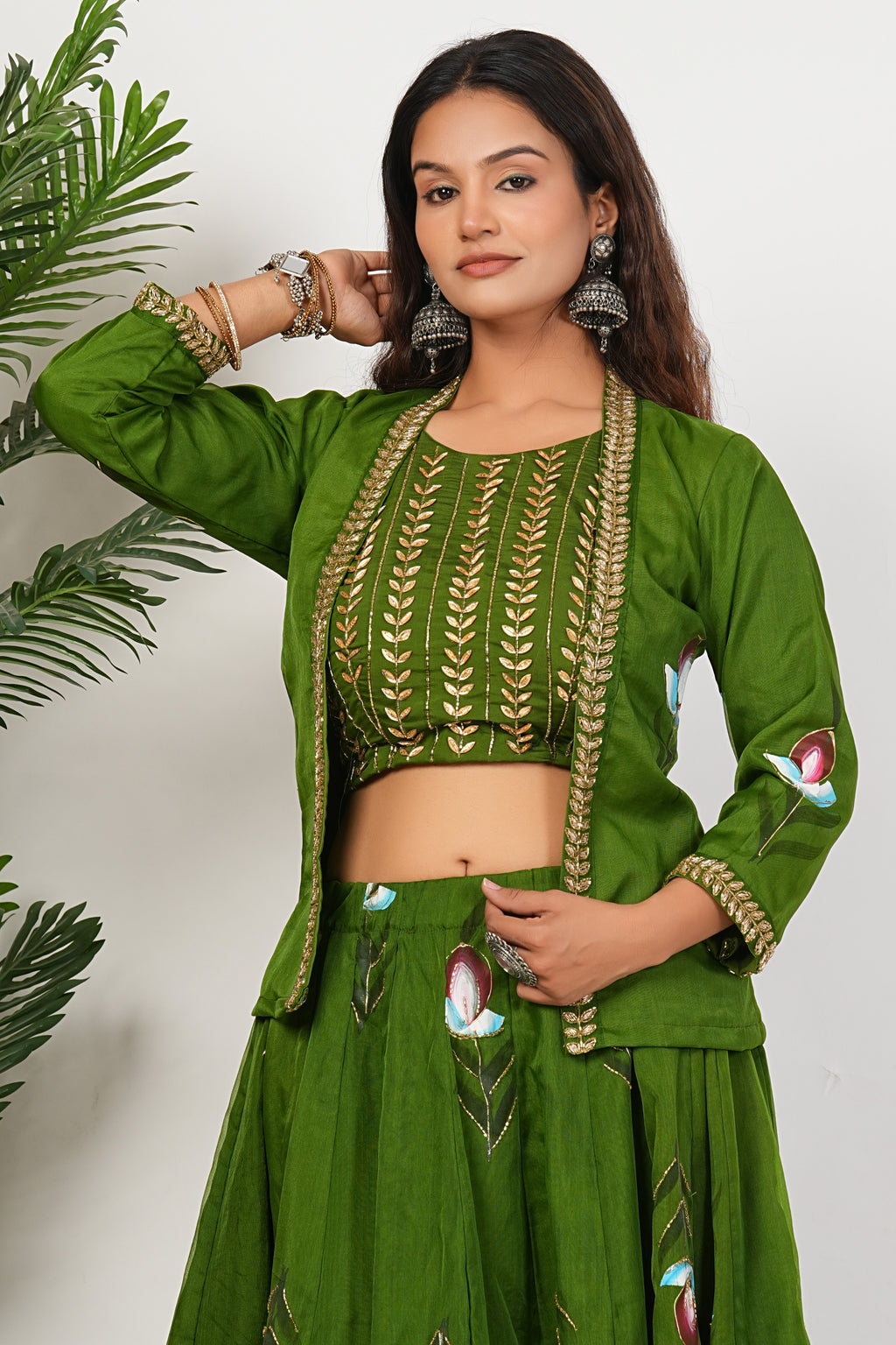 Green Heavy Hand Embroidered Work Organza Lehenga