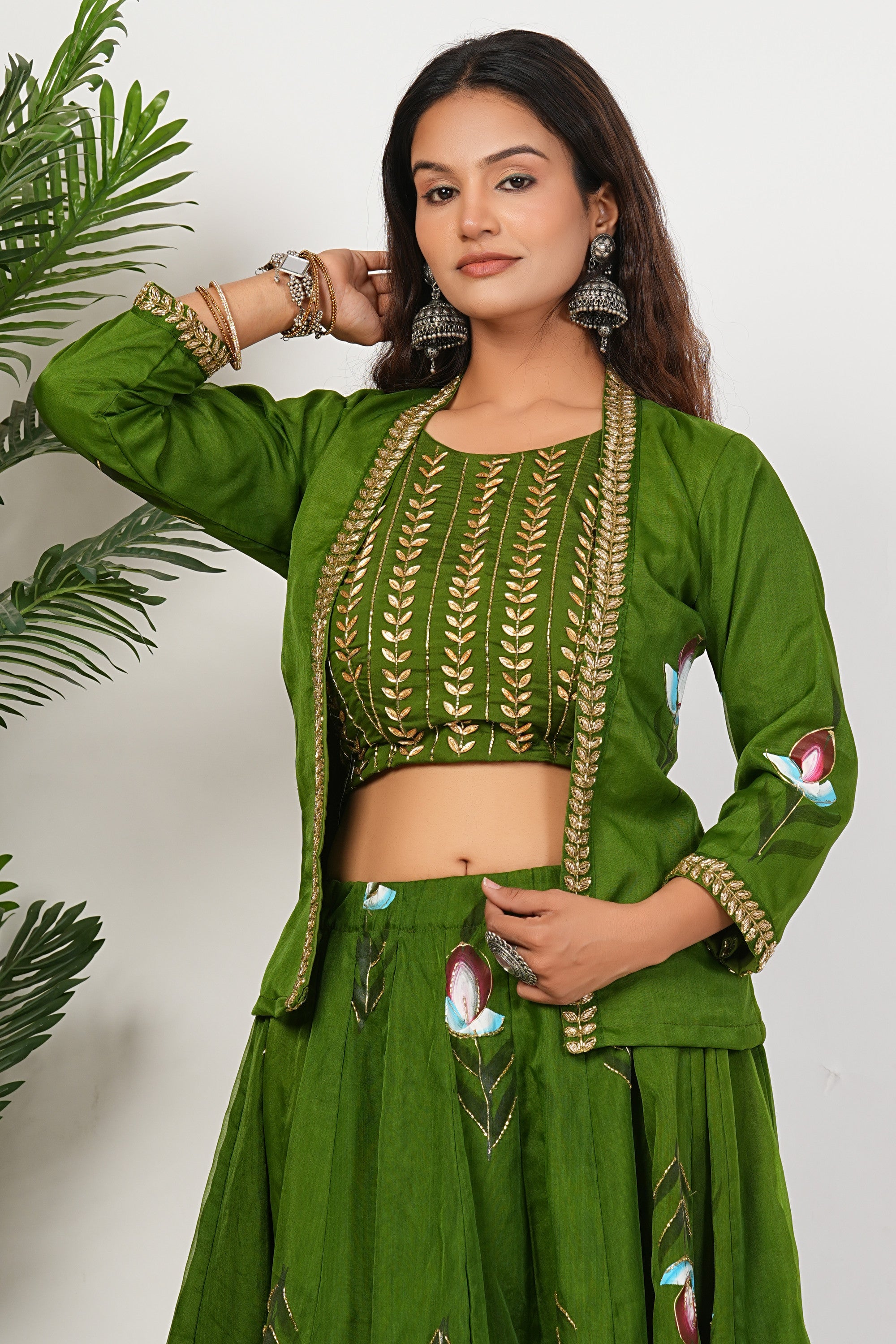 Green Heavy Hand Embroidered Work Organza Lehenga