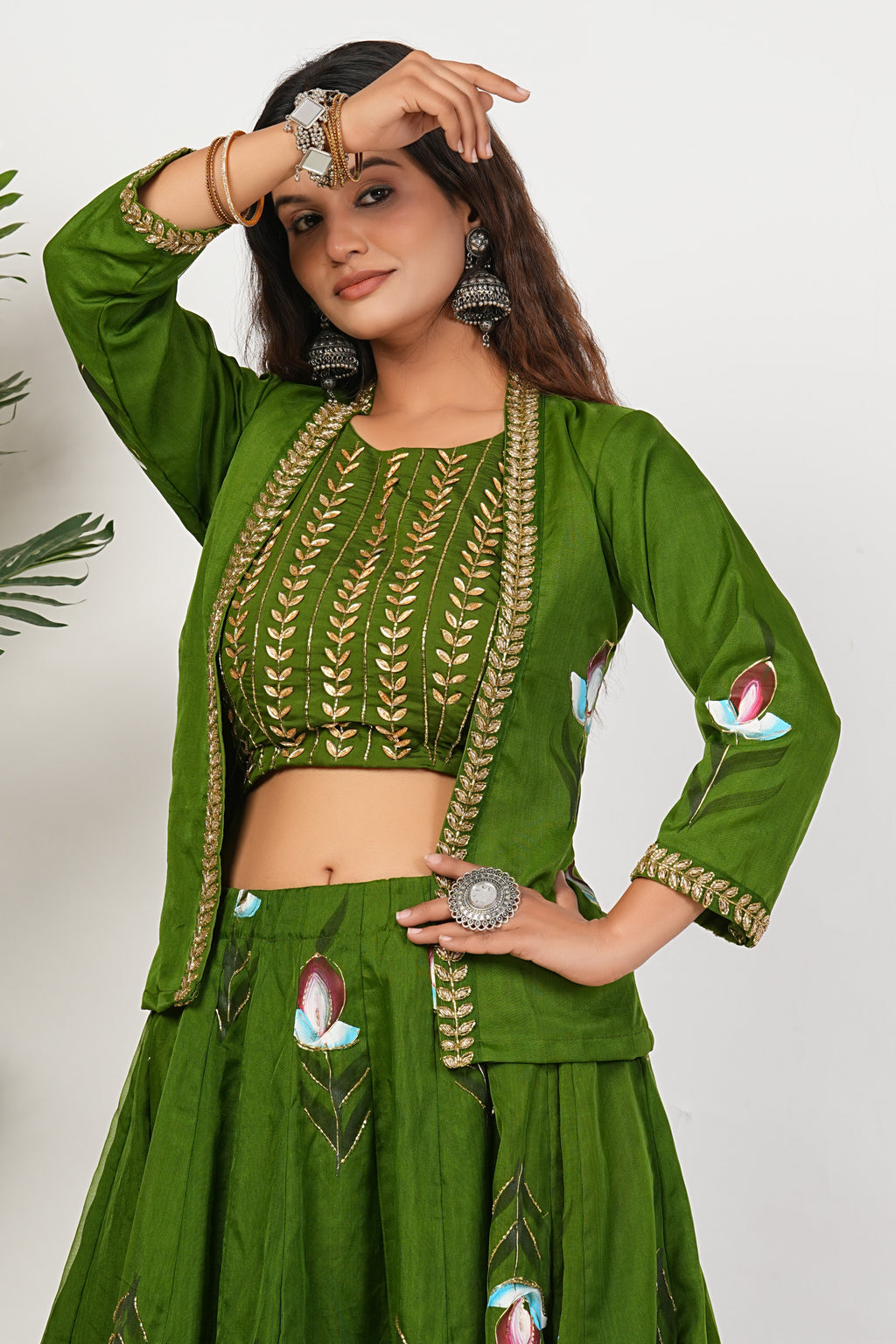 Green Heavy Hand Embroidered Work Organza Lehenga