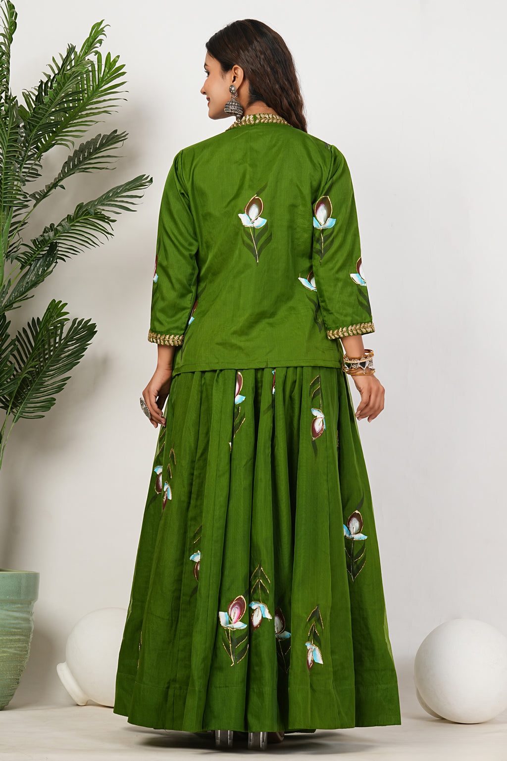 Green Heavy Hand Embroidered Work Organza Lehenga