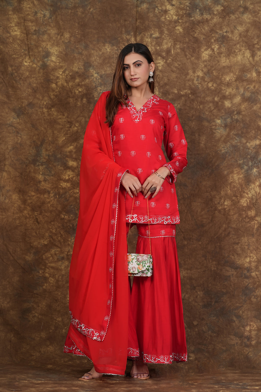 Red Exclusive Zari Embroidered Cotton Sharara Set