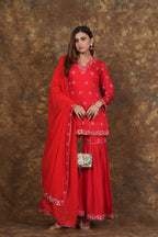 Red Exclusive Zari Embroidered Cotton Sharara Set