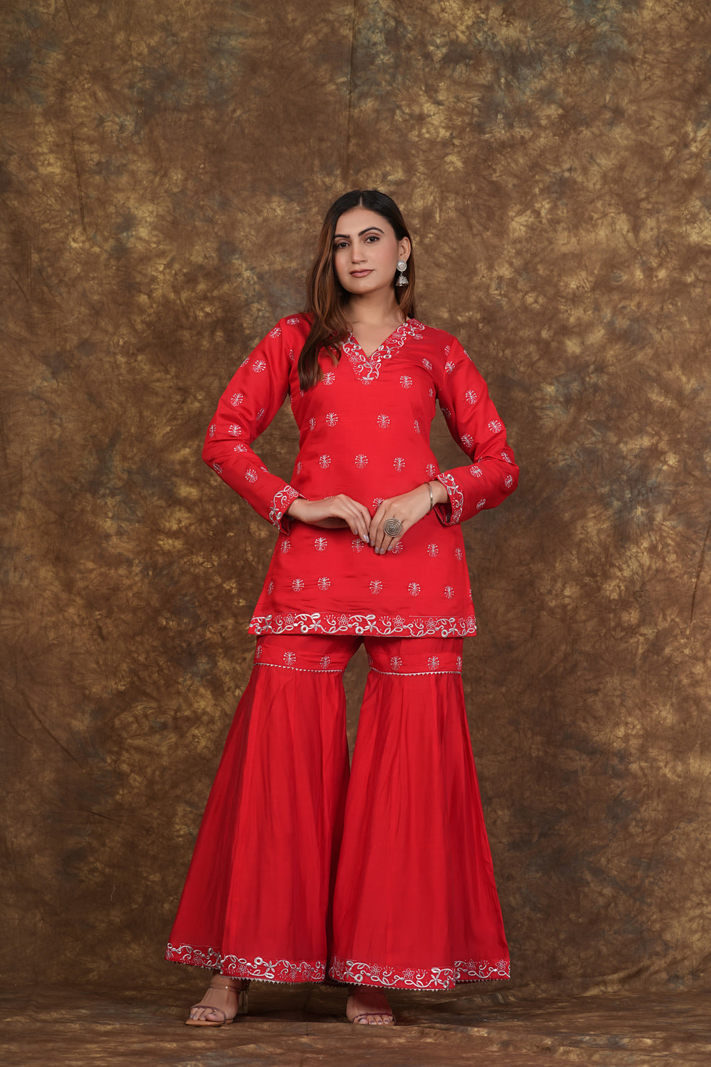 Red Exclusive Zari Embroidered Cotton Sharara Set