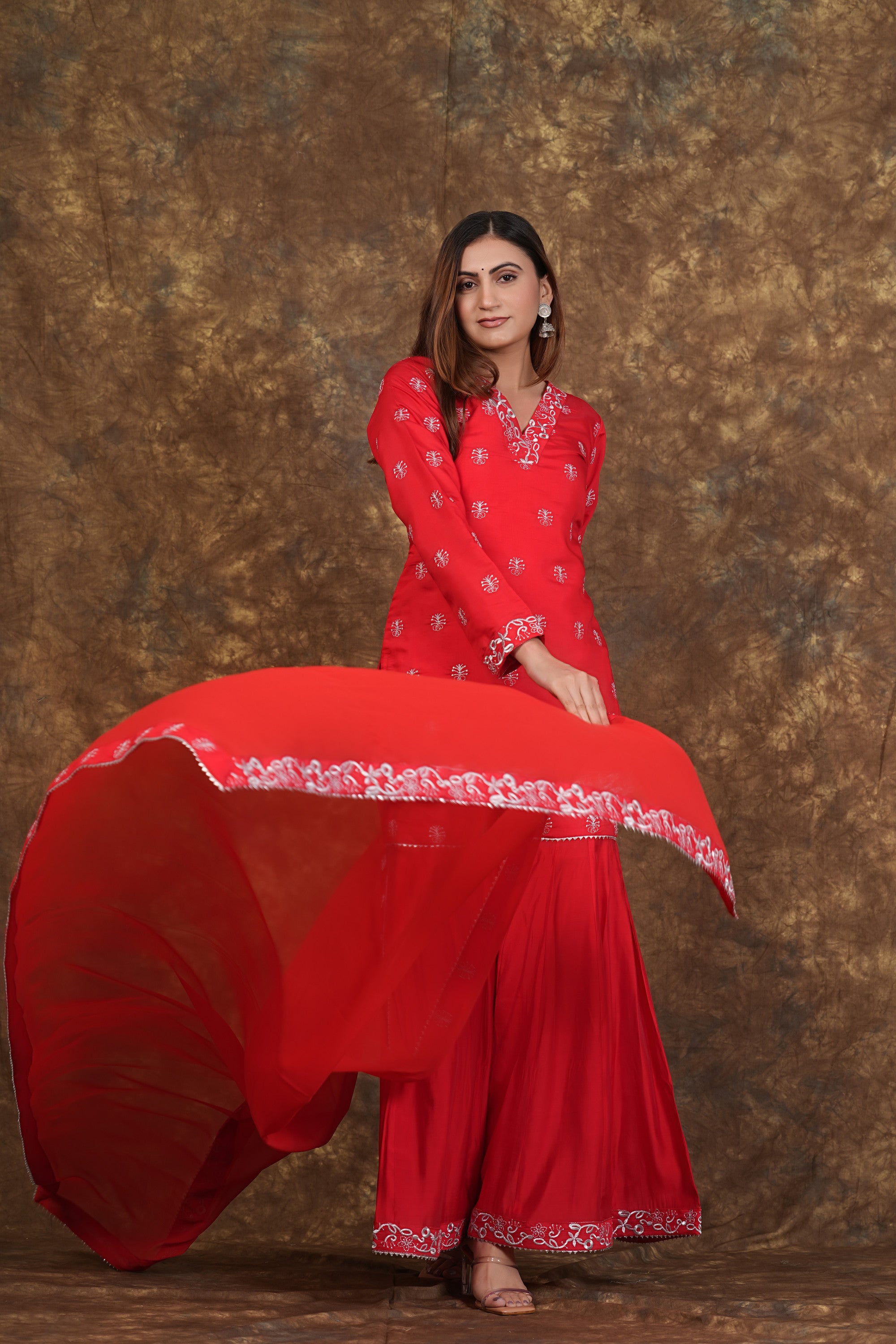 Red Exclusive Zari Embroidered Cotton Sharara Set